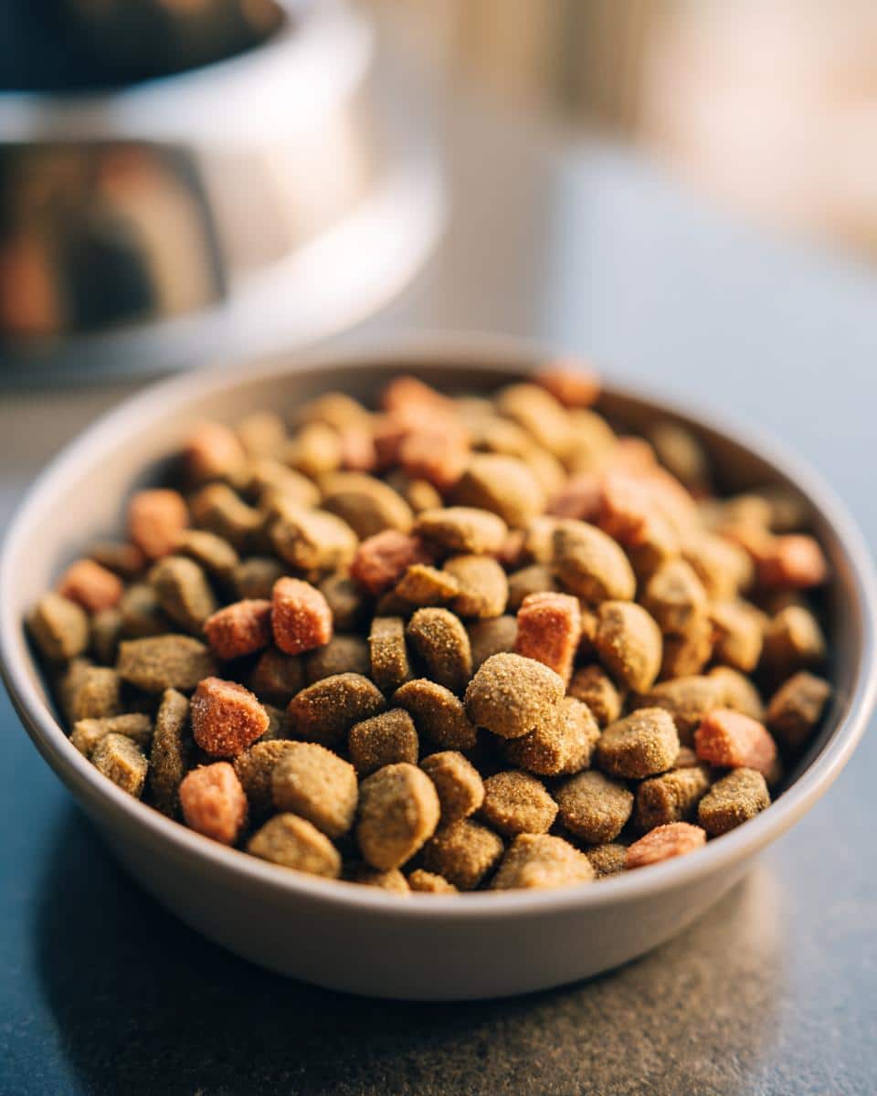 A bowl filled with Salmon & Rice Large Breed Strength Food, showing the kibble and ingredients.