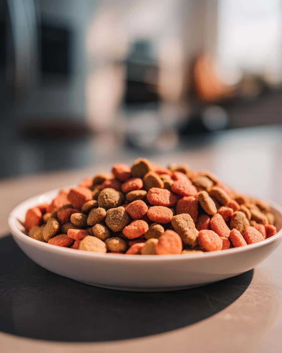 A bowl filled with Salmon & Rice Large Breed Strength Food, showing the kibble texture and color.