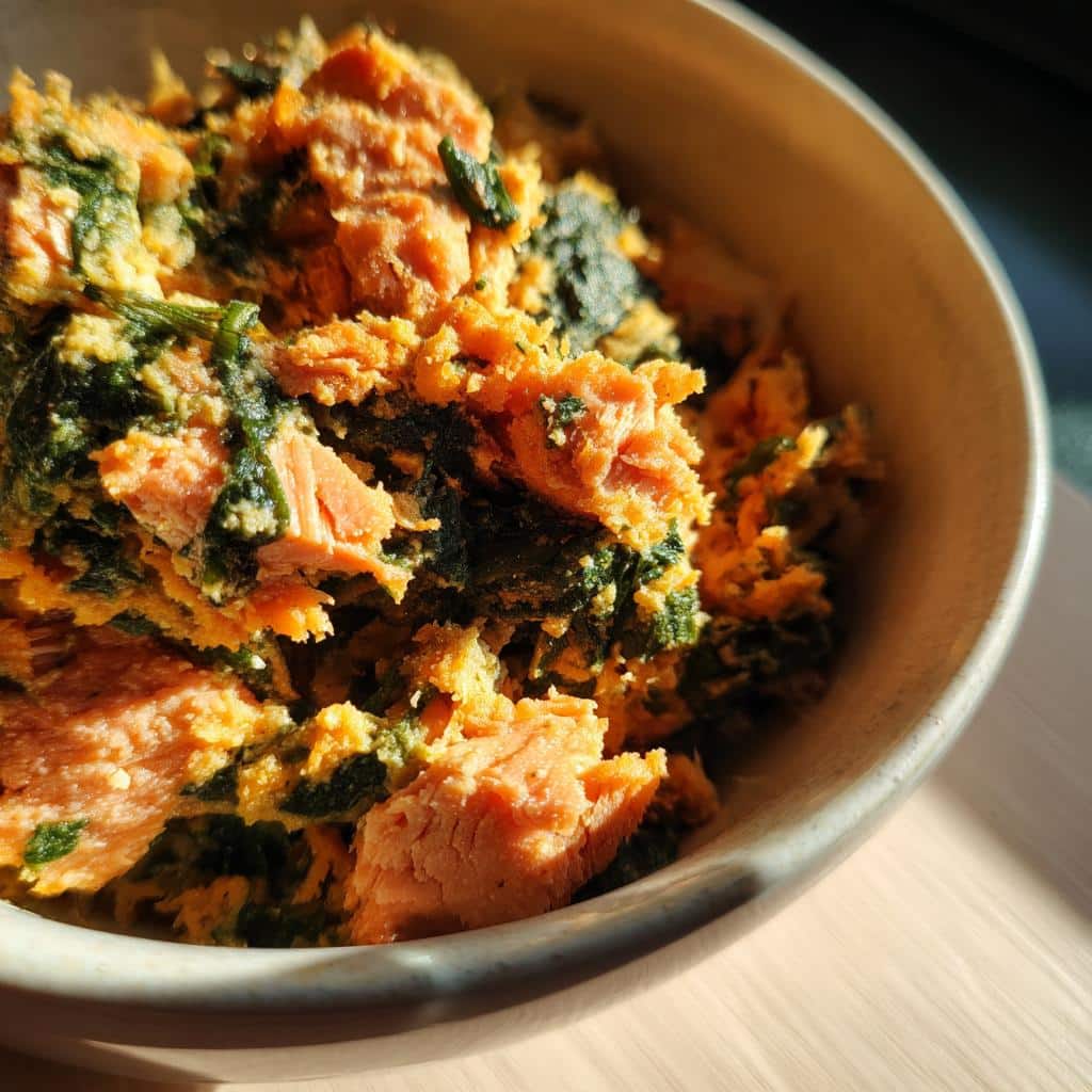 Close-up of Salmon & Spinach Puppy Dog Recipe in a bowl, showing the salmon and spinach ingredients.