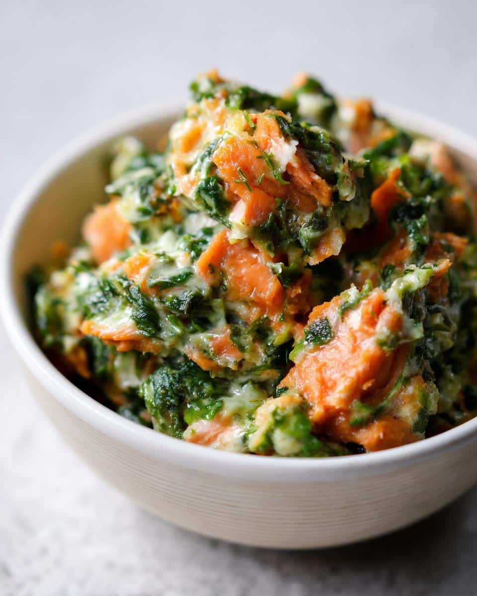 Bowl of Salmon & Spinach Puppy Dog Recipe. Homemade, healthy dog food with salmon and spinach.