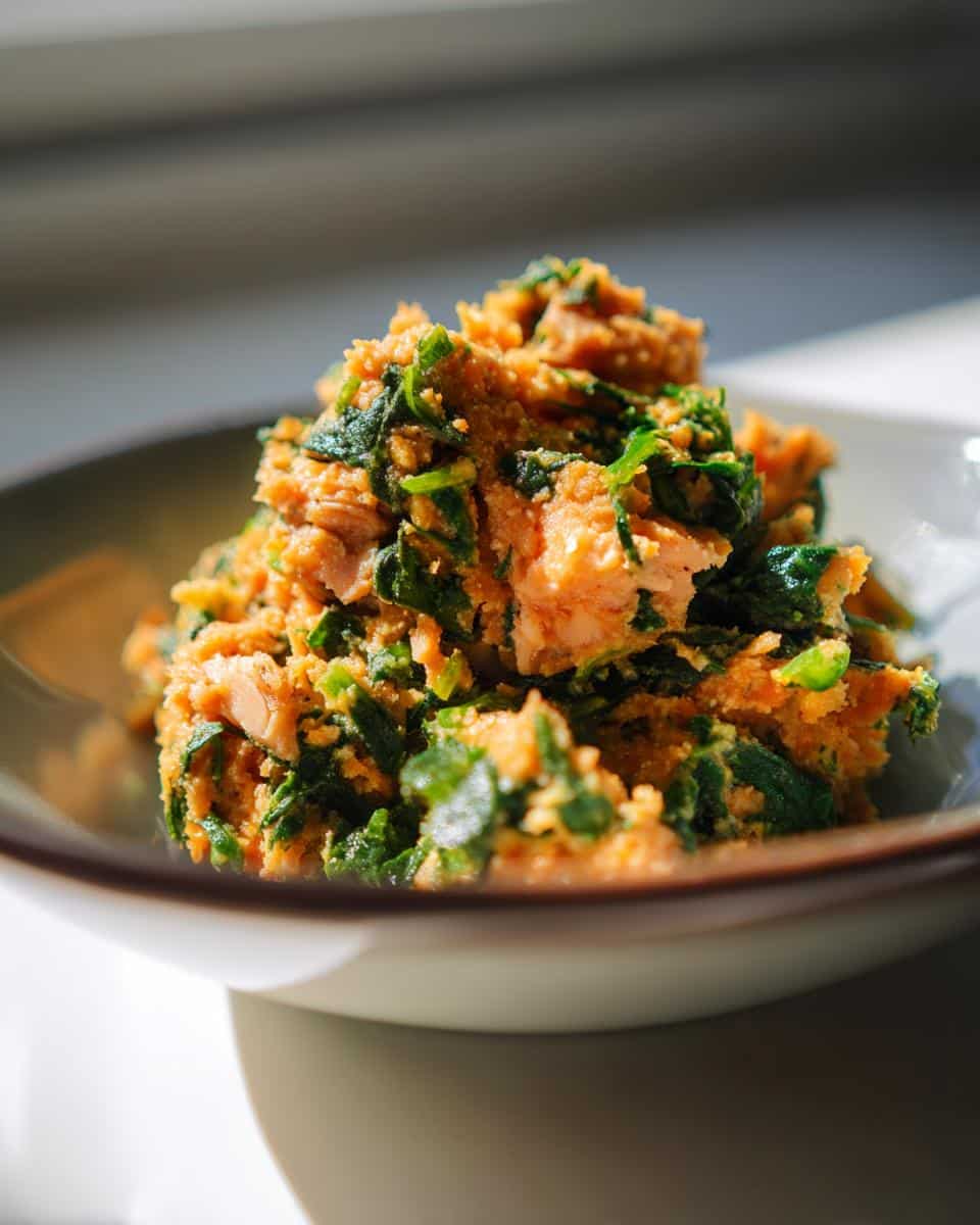 A bowl of freshly prepared Salmon & Spinach Puppy Dog Recipe, ready to be served.