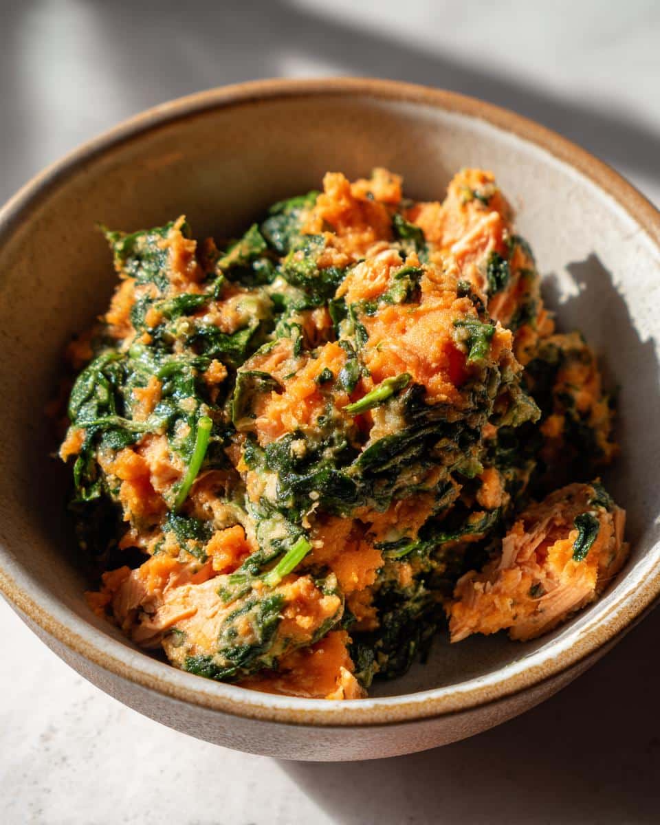 Bowl of Salmon & Spinach Puppy Dog Recipe. Healthy homemade dog food with salmon, spinach, and sweet potato.