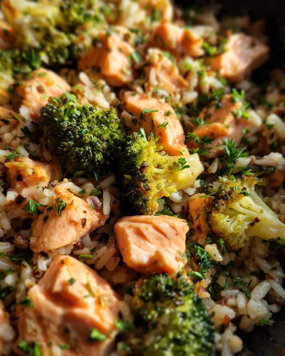 A close-up of Simple Salmon & Broccoli Dog Food, showing salmon chunks, broccoli florets, and rice.