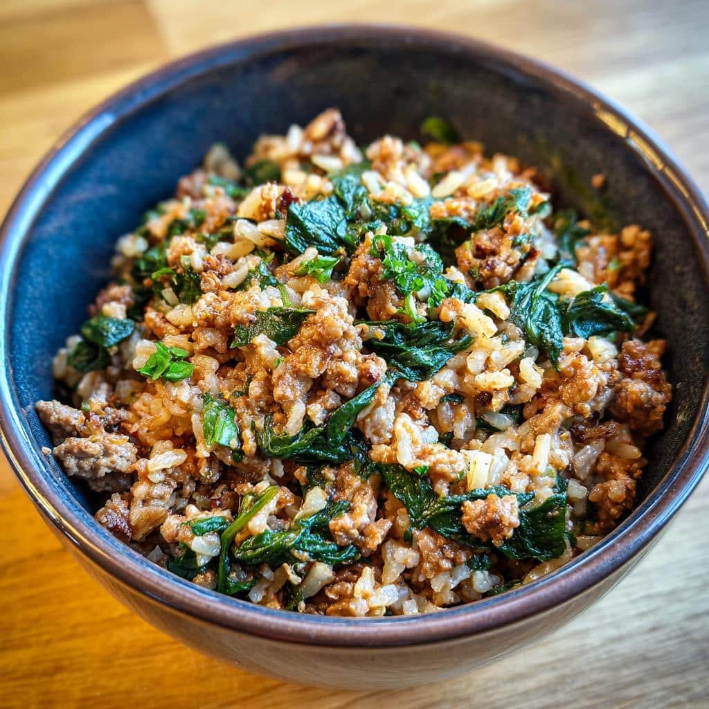 A bowl of Small Breed Beef & Spinach Energy Meal, featuring beef, spinach, and rice.