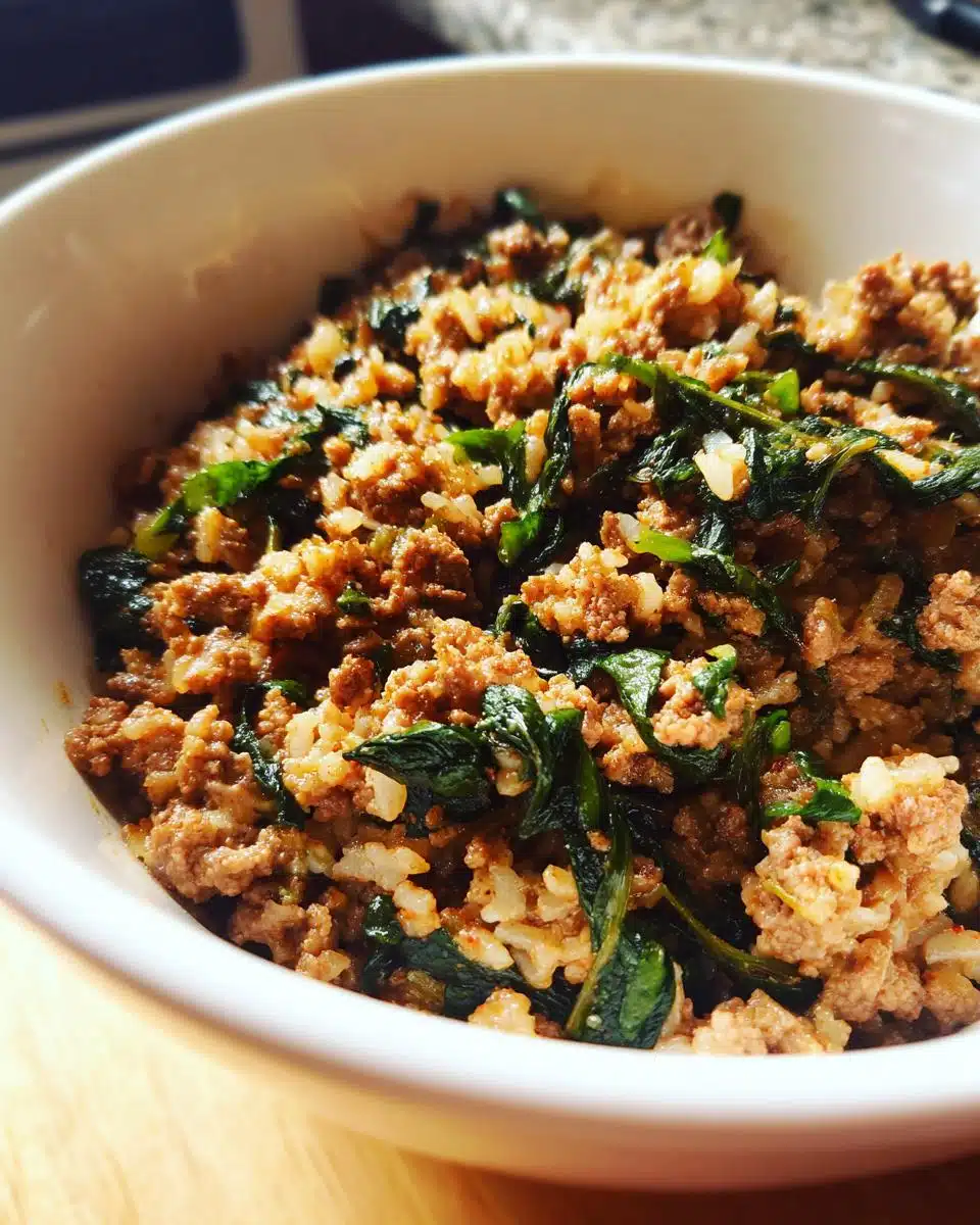 Close-up of a bowl filled with Small Breed Beef & Spinach Energy Meal, featuring beef, spinach, and rice.