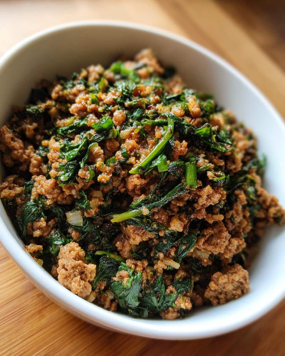 A bowl of Small Breed Beef & Spinach Energy Meal, featuring ground beef and fresh spinach.
