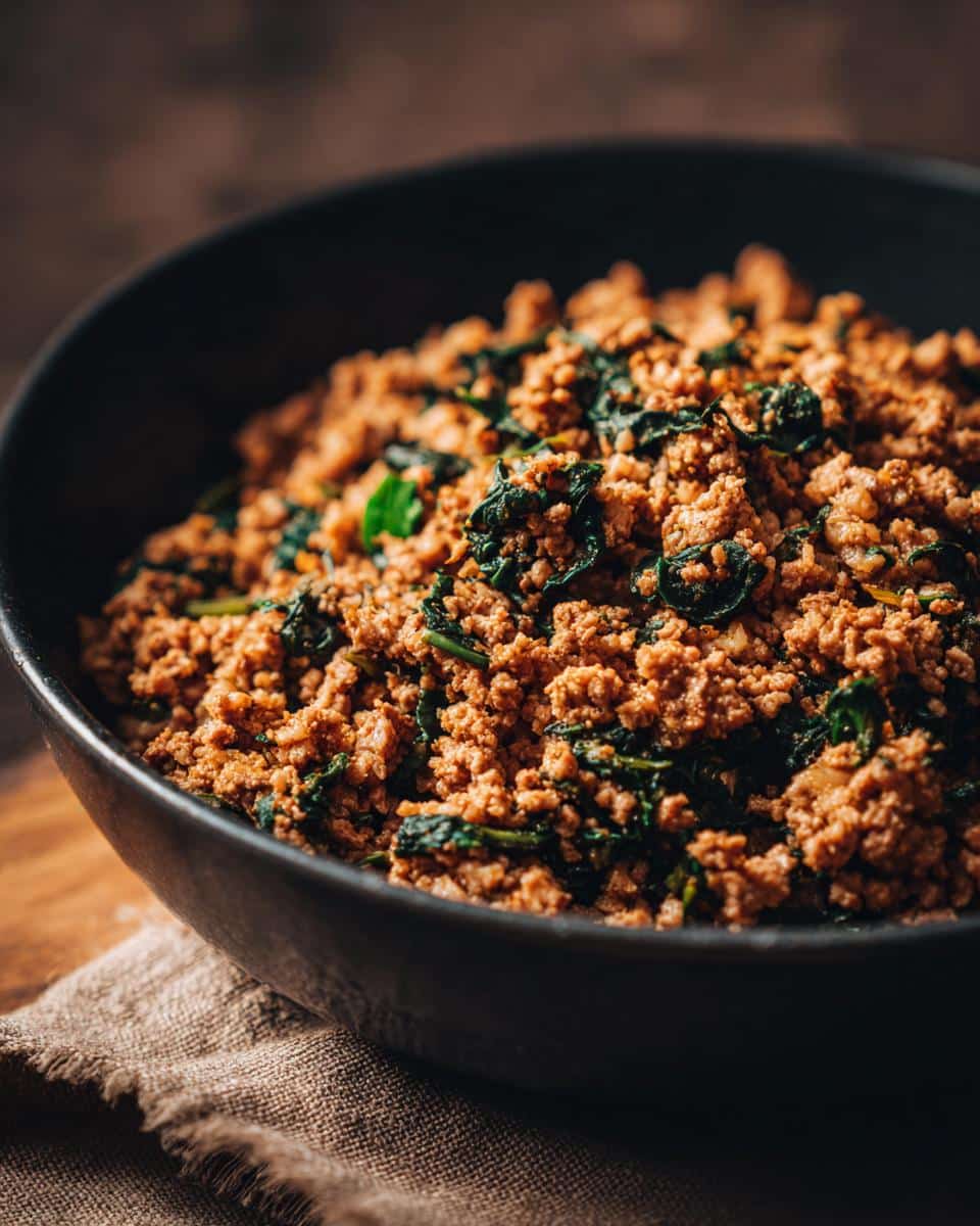 A bowl filled with Small Breed Beef & Spinach Energy Meal, showcasing the beef and spinach mixture.
