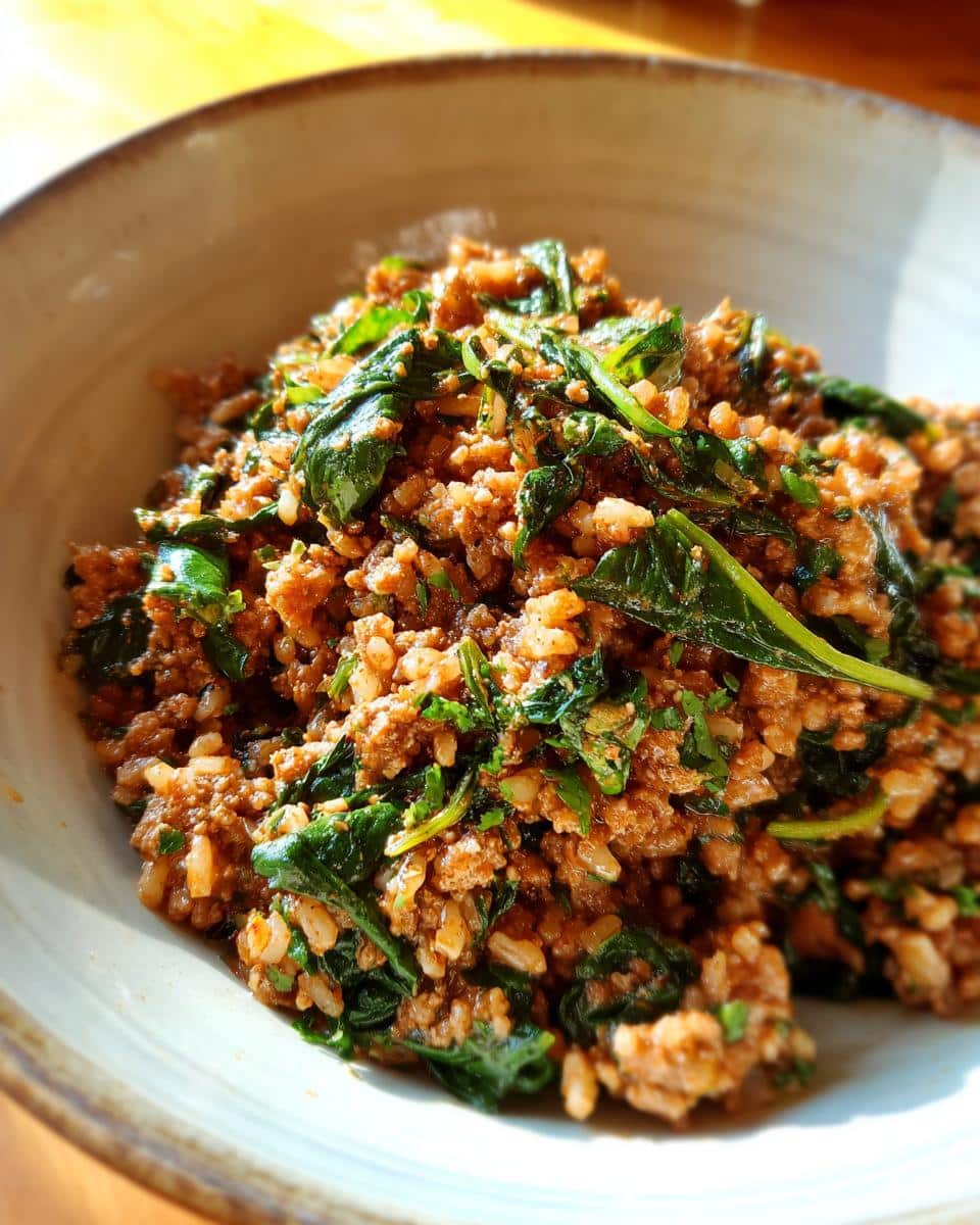 A bowl of Small Breed Beef & Spinach Energy Meal, featuring ground beef and fresh spinach.