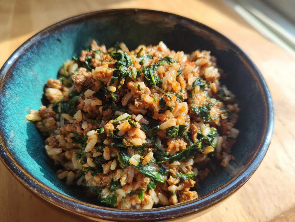 A bowl of Small Breed Beef & Spinach Energy Meal, featuring rice, beef, and spinach.