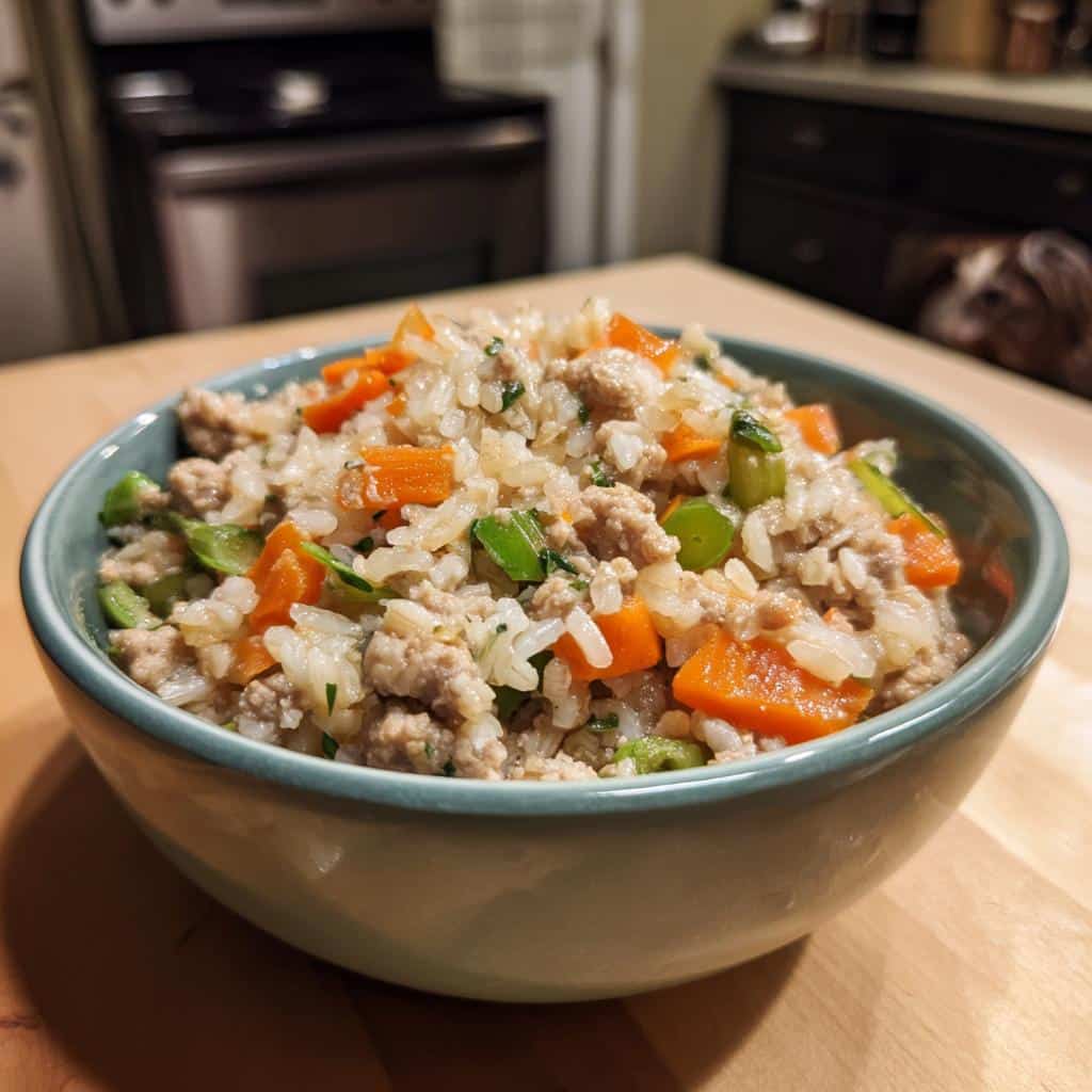 A bowl of Small Dog Turkey & Veggie Bowl recipe, featuring ground turkey, rice, carrots, and green beans.