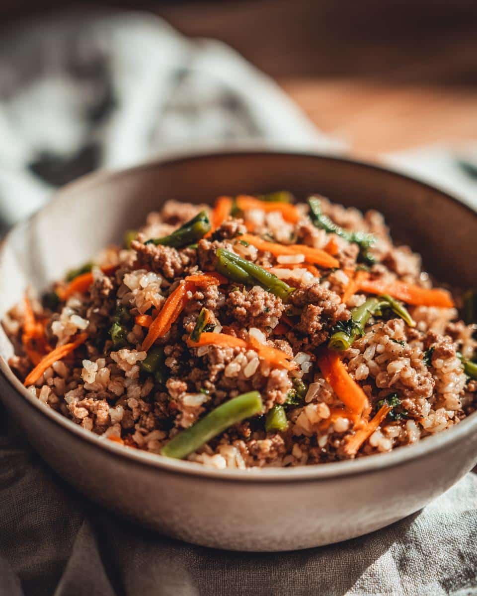 A bowl of Small Dog Turkey & Veggie Bowl, featuring ground turkey, rice, carrots, and green beans.