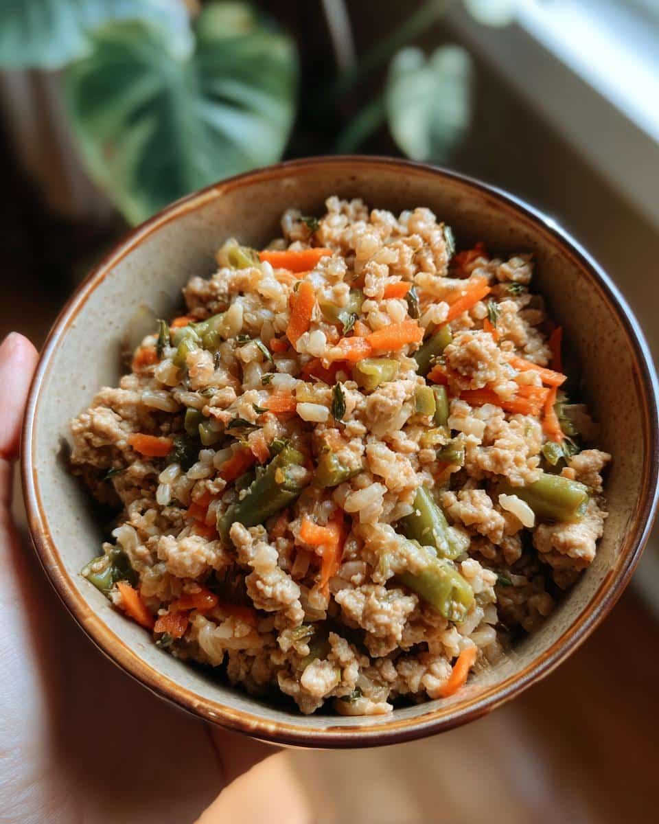 A bowl of Small Dog Turkey & Veggie Bowl recipe with turkey, carrots, and green beans.