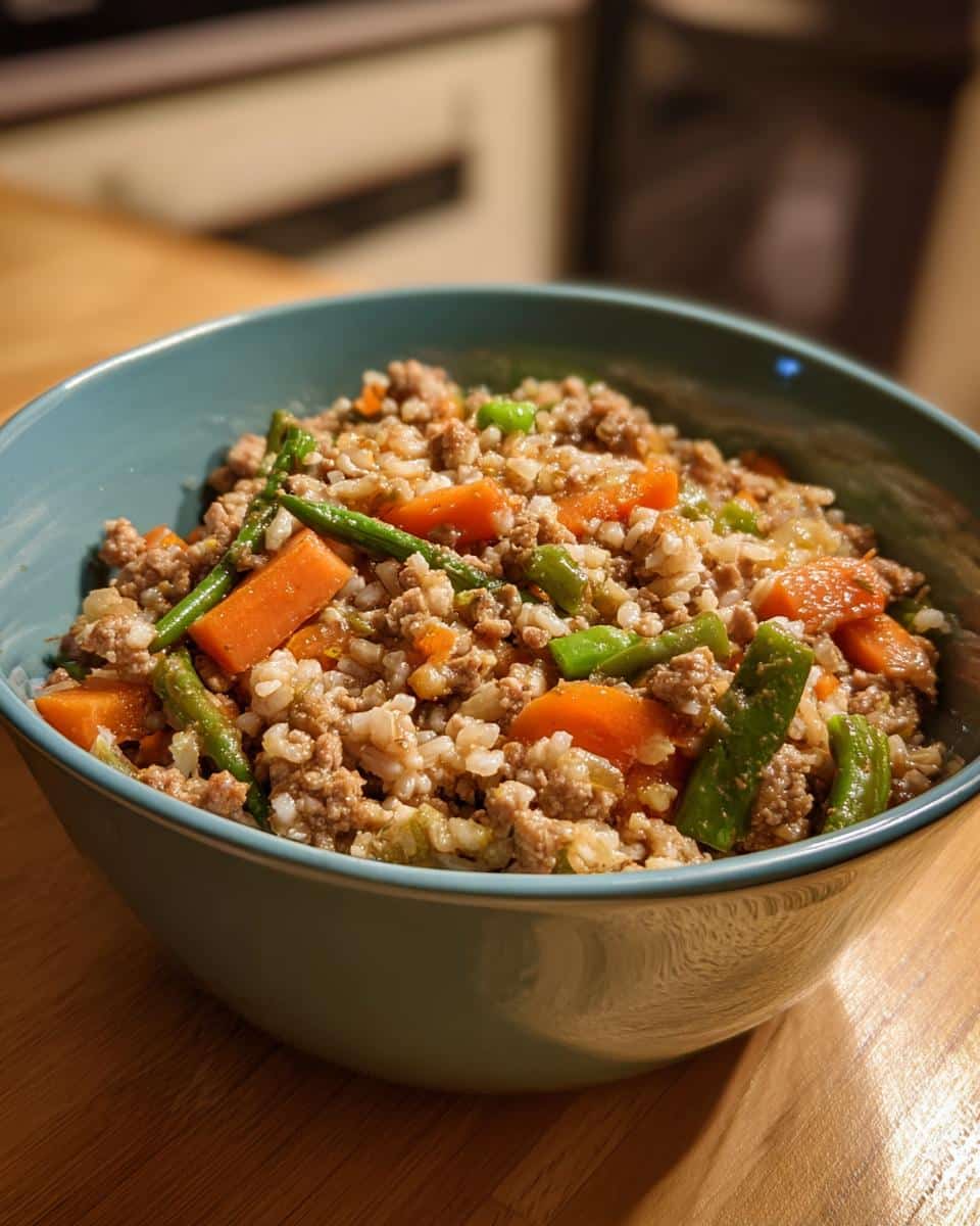 A serving of Small Dog Turkey & Veggie Bowl in a blue bowl, featuring turkey, rice, carrots, and green beans.
