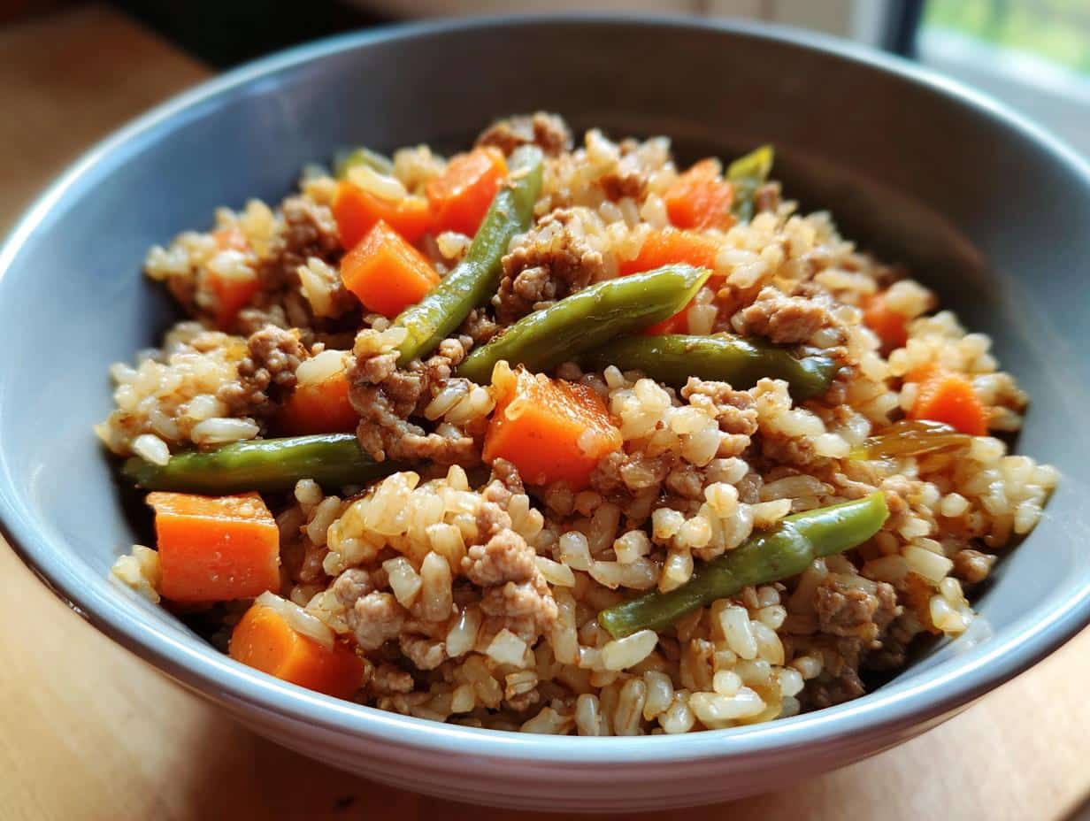 A delicious and healthy Small Dog Turkey & Veggie Bowl, featuring turkey, rice, carrots, and green beans.