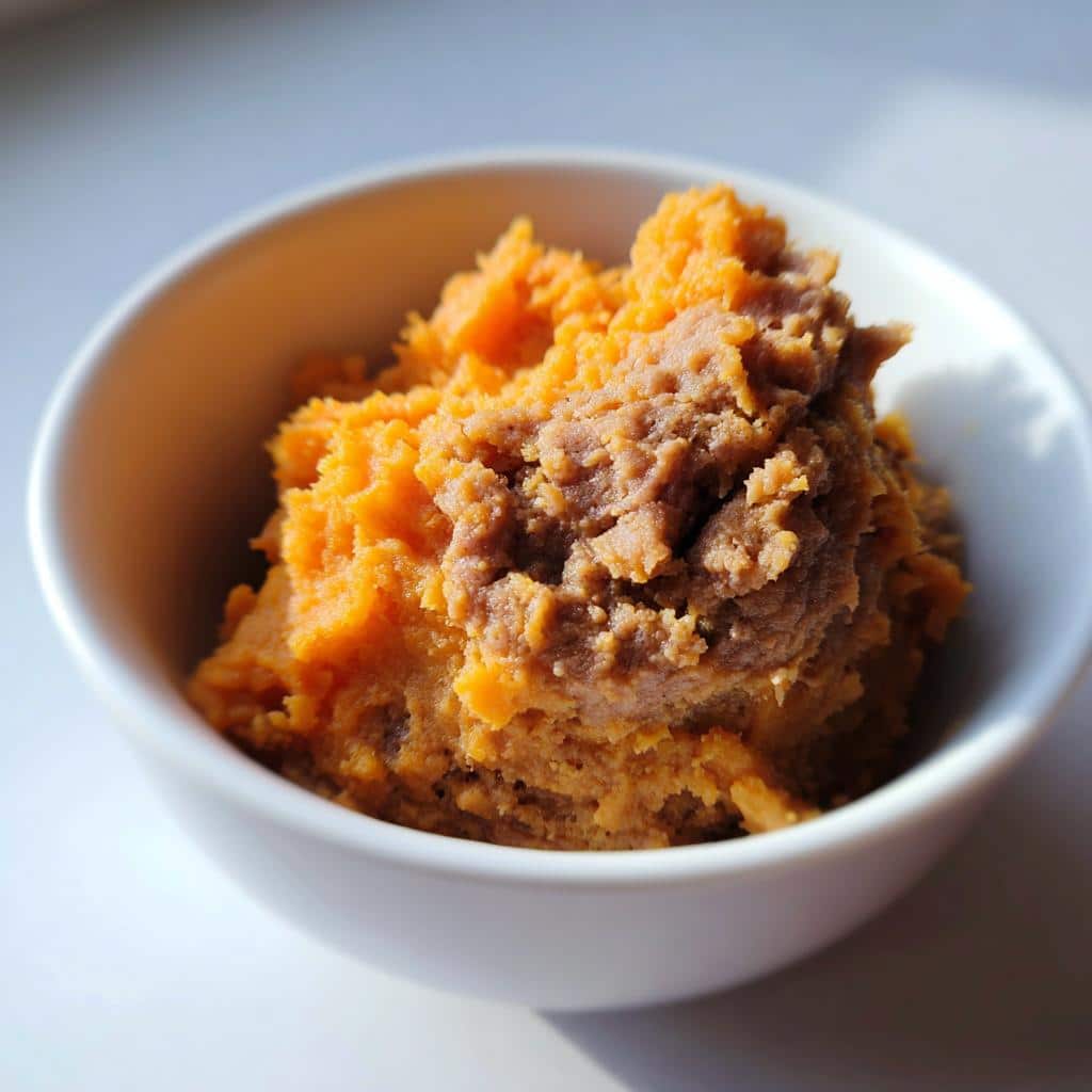 A bowl of Soft Chicken Liver & Veggie Puppy Meal, featuring a mix of orange and brown textures.