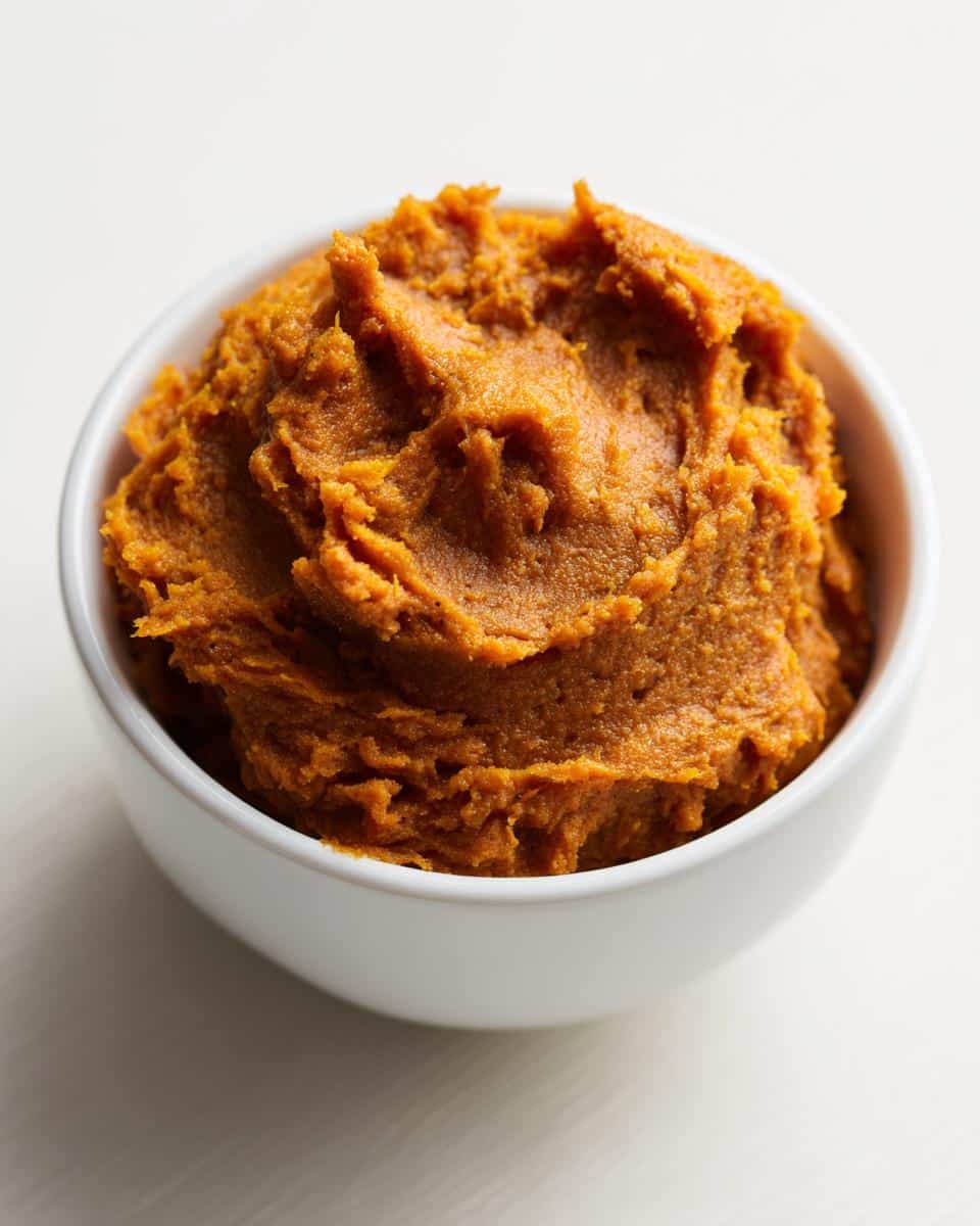 A bowl of soft chicken liver & veggie puppy meal, showing a smooth, orange puree.