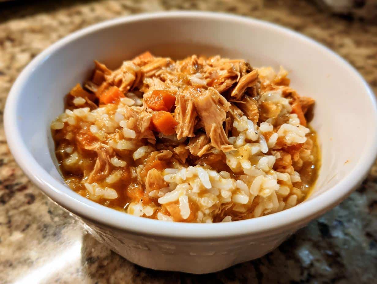 A bowl of Soft Chicken & Sweet Potato Meal for Small Dogs, featuring rice, chicken, and sweet potato.