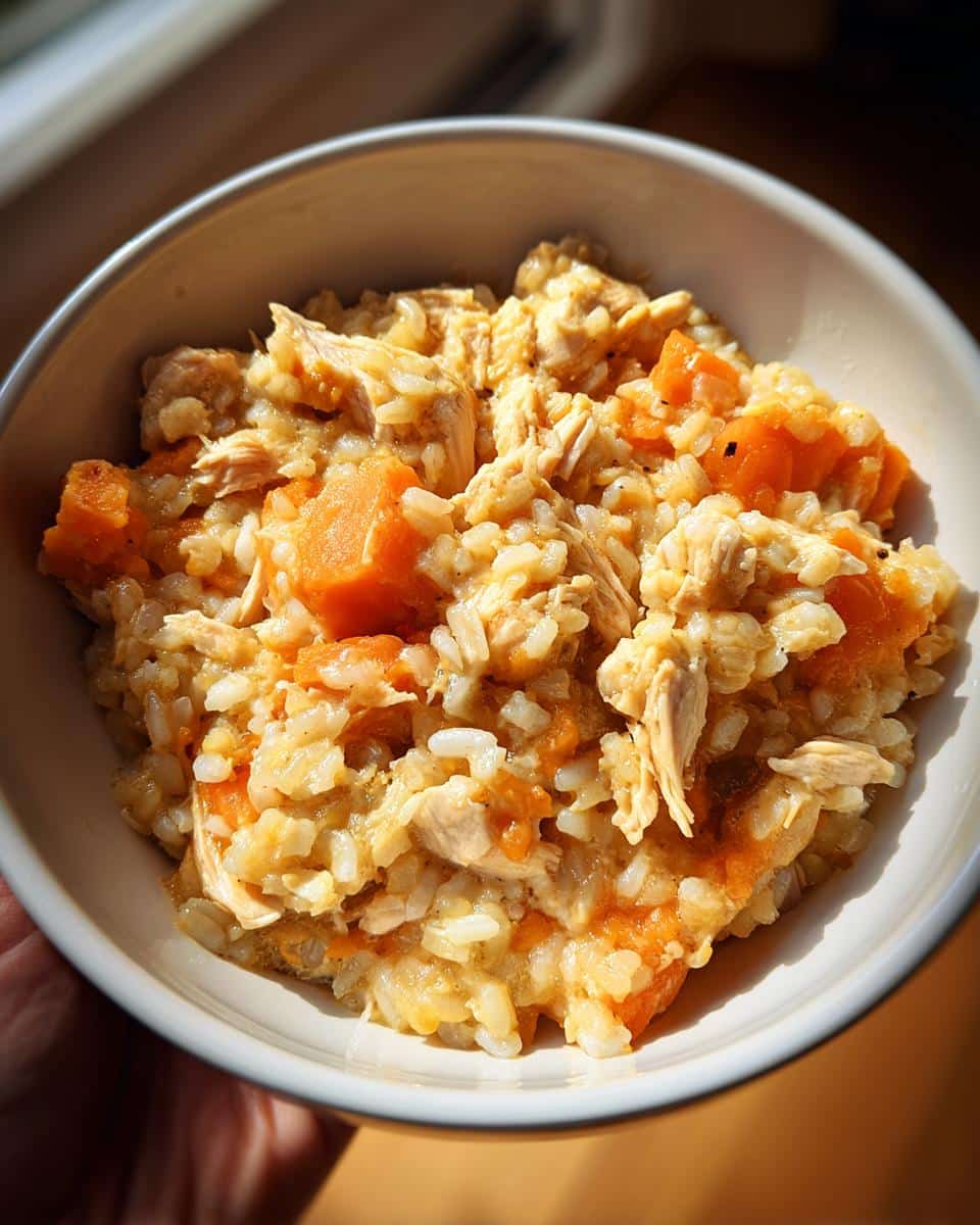Bowl of Soft Chicken & Sweet Potato Meal for Small Dogs. Nutritious and delicious homemade dog food.