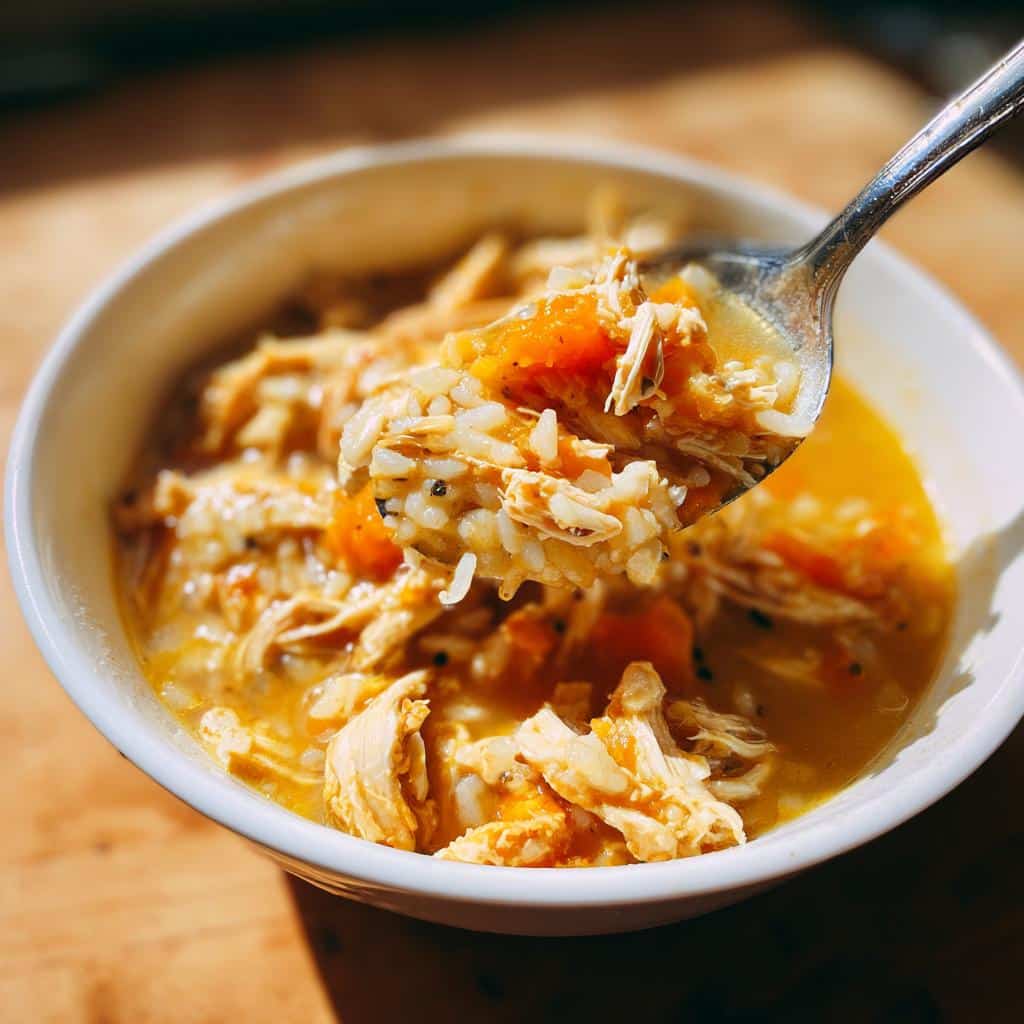 Spoonful of Soft Chicken & Sweet Potato Meal for Small Dogs, showing chicken, rice, and sweet potato.