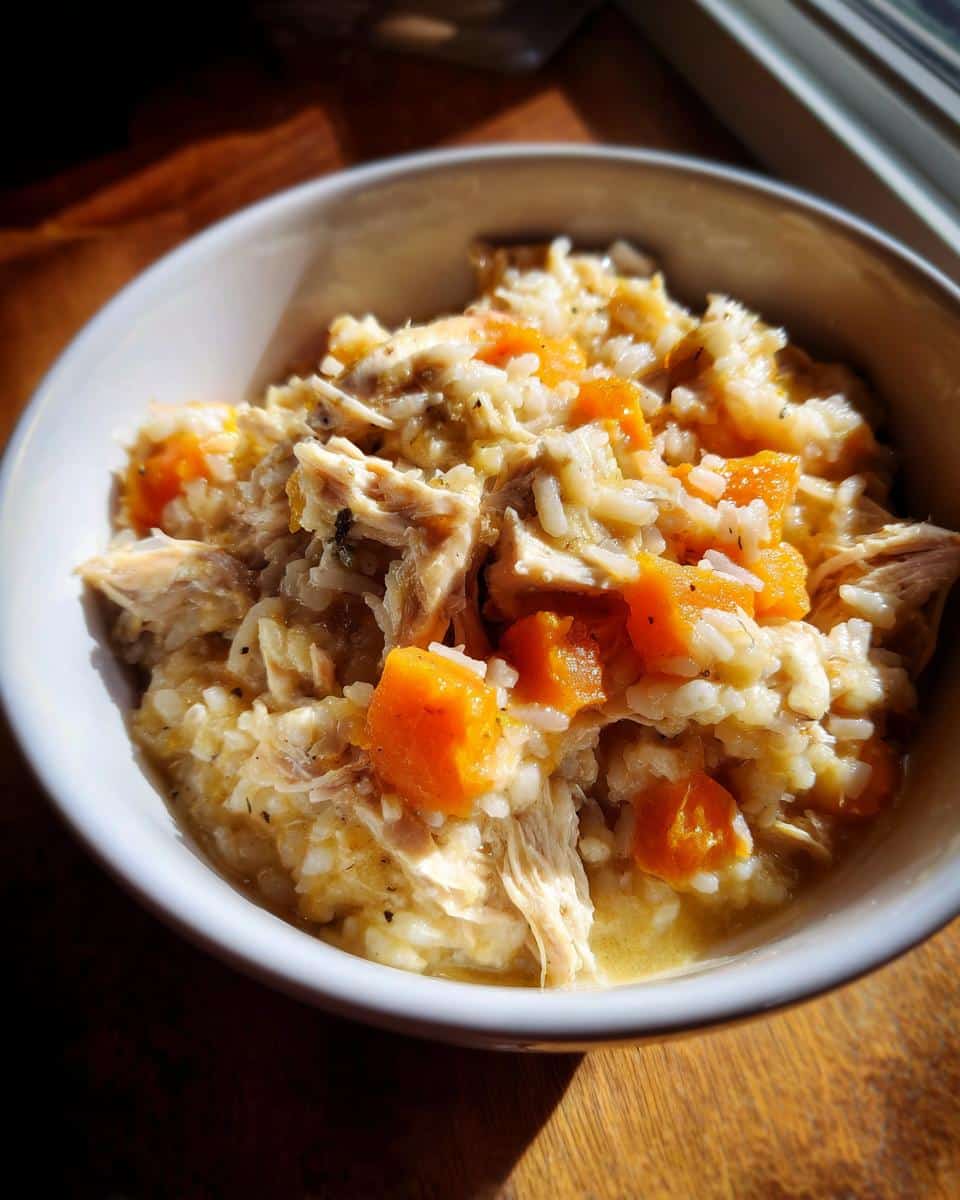 Bowl of Soft Chicken & Sweet Potato Meal for Small Dogs, featuring chicken, sweet potato, and rice.