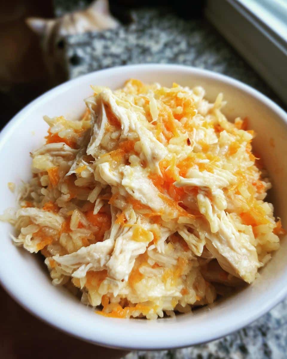 A bowl of Soft Chicken & Sweet Potato Meal for Small Dogs, featuring shredded chicken and sweet potato.
