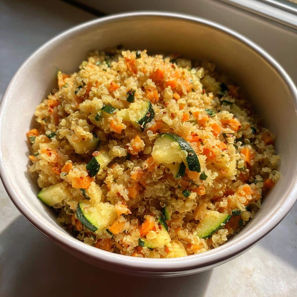 A bowl of homemade Soft Lentil & Rice Dog Food featuring lentils, rice, carrots, and zucchini.