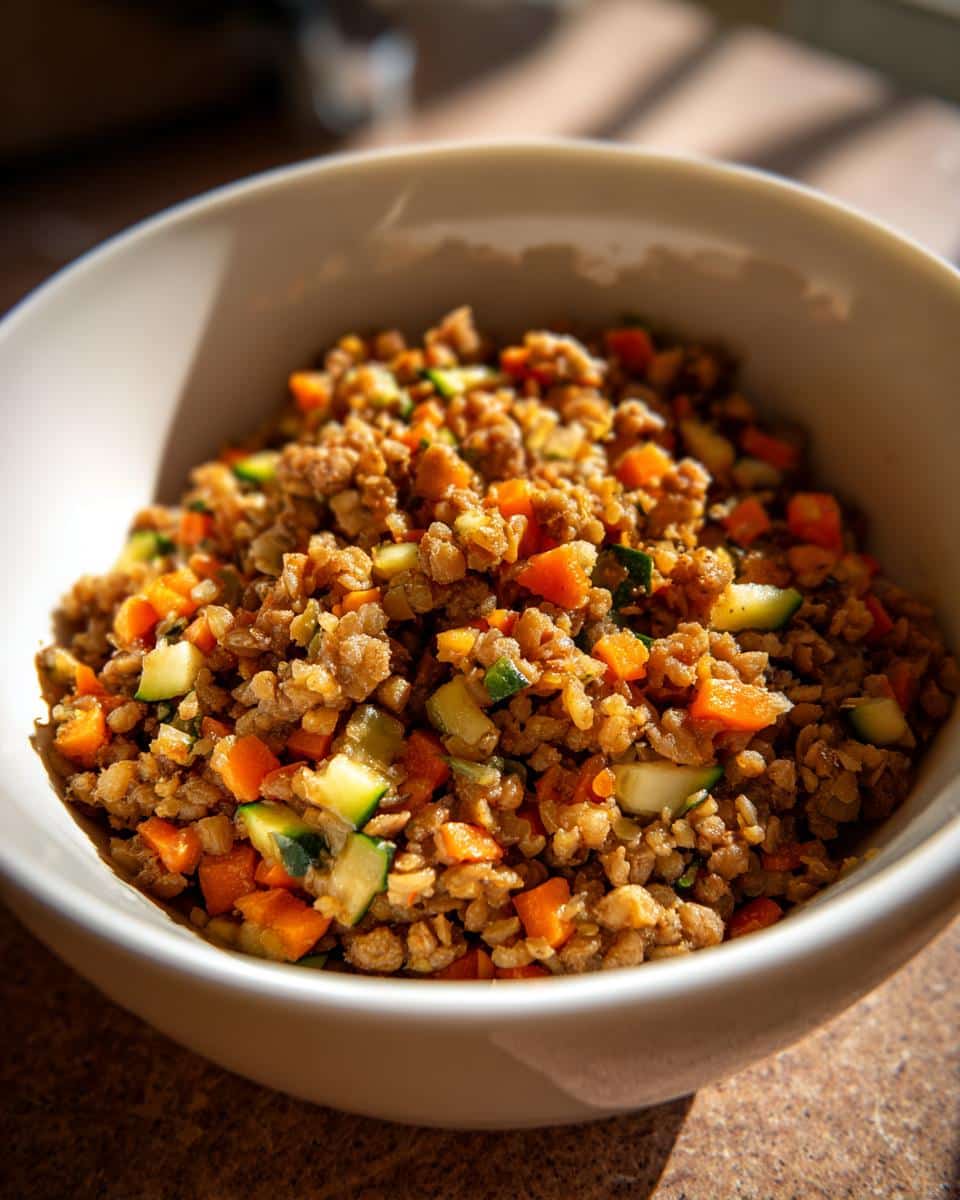 A bowl of homemade Soft Lentil & Rice Dog Food for Small Dogs, featuring lentils, rice, carrots, and zucchini.