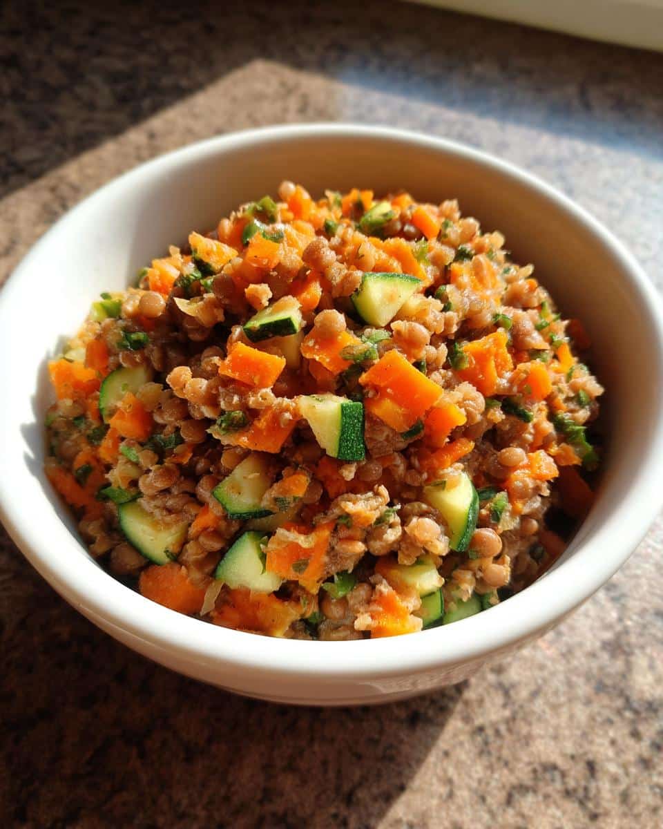 A bowl of Soft Lentil & Rice Dog Food, featuring lentils, rice, carrots, and zucchini.