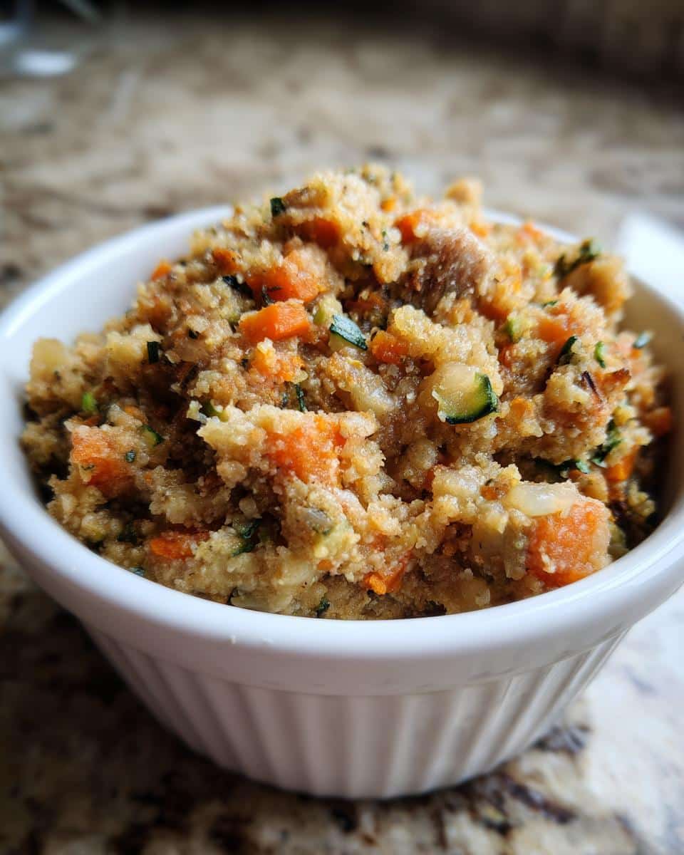 A bowl of homemade Soft Lentil & Rice Dog Food for Small Dogs, featuring lentils, rice, carrots, and zucchini.