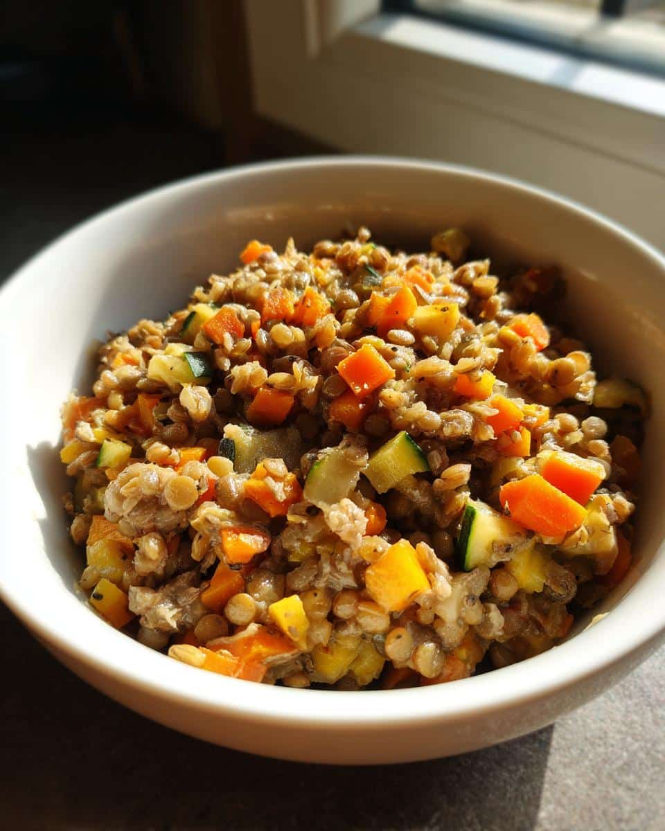 Bowl of Soft Lentil & Rice Dog Food for Small Dogs, featuring lentils, rice, carrots, and zucchini.