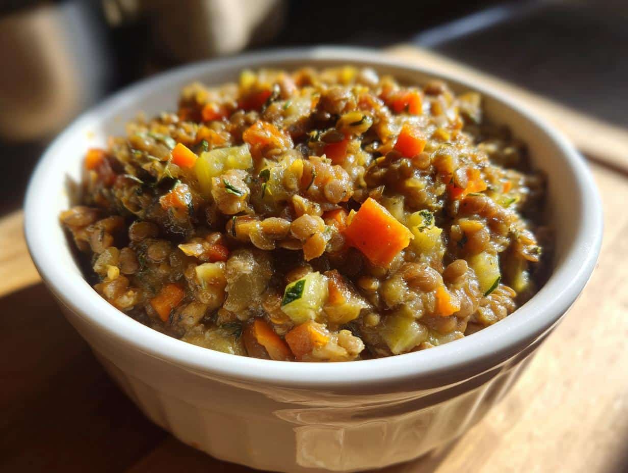 Bowl of soft lentil & rice dog food. Nutritious meal with lentils, rice, carrots, and zucchini for small dogs.