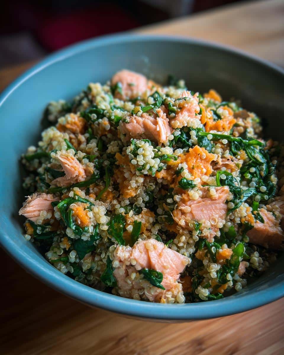 Close-up of a Spinach & Salmon Power Dog Bowl with quinoa, spinach, salmon, and sweet potato.