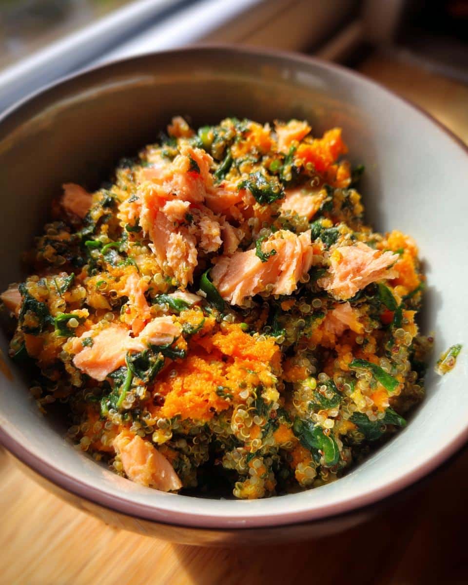 Close-up of a Spinach & Salmon Power Dog Bowl, featuring salmon, spinach, and quinoa.