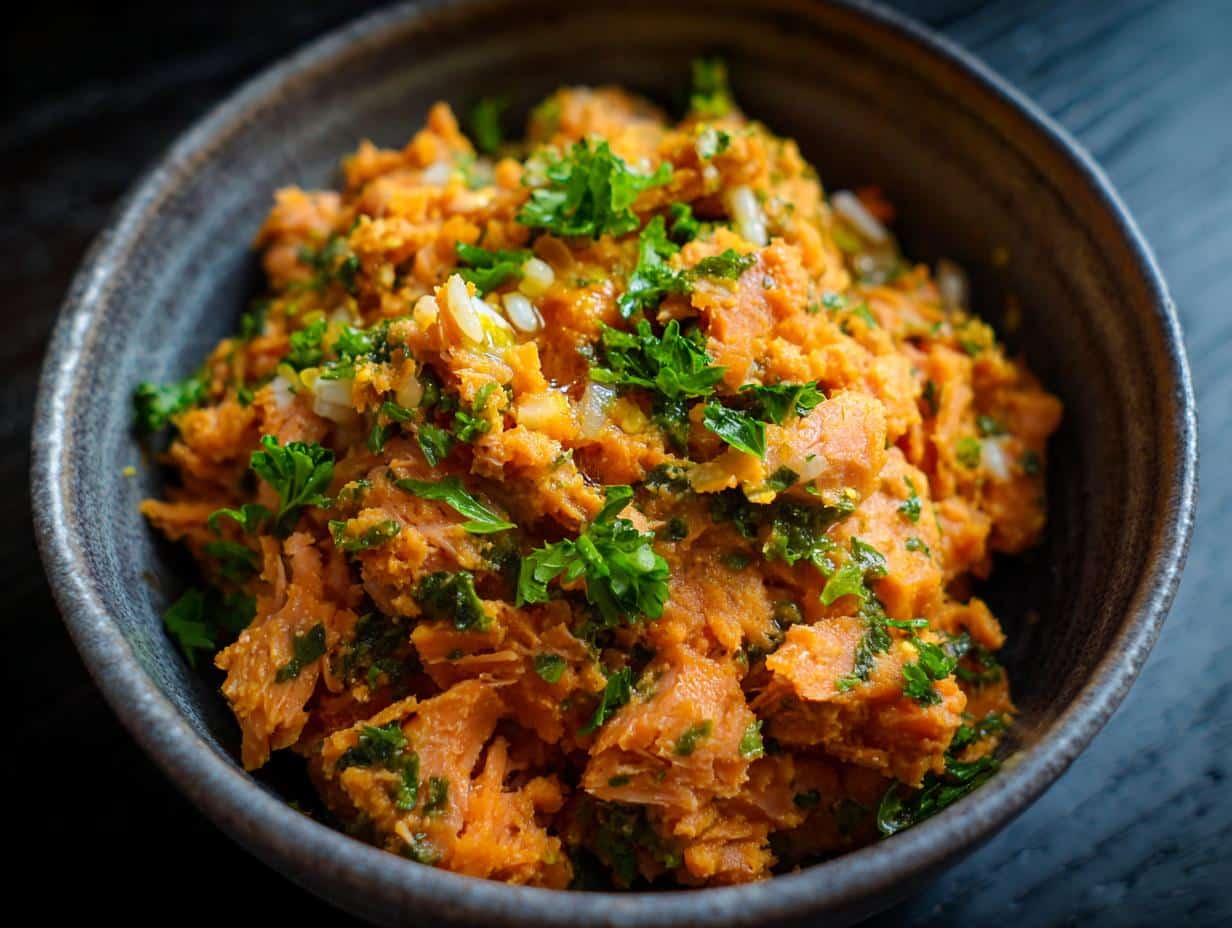 Close-up of a Spinach & Salmon Power Dog Bowl in a gray ceramic bowl, garnished with fresh parsley.