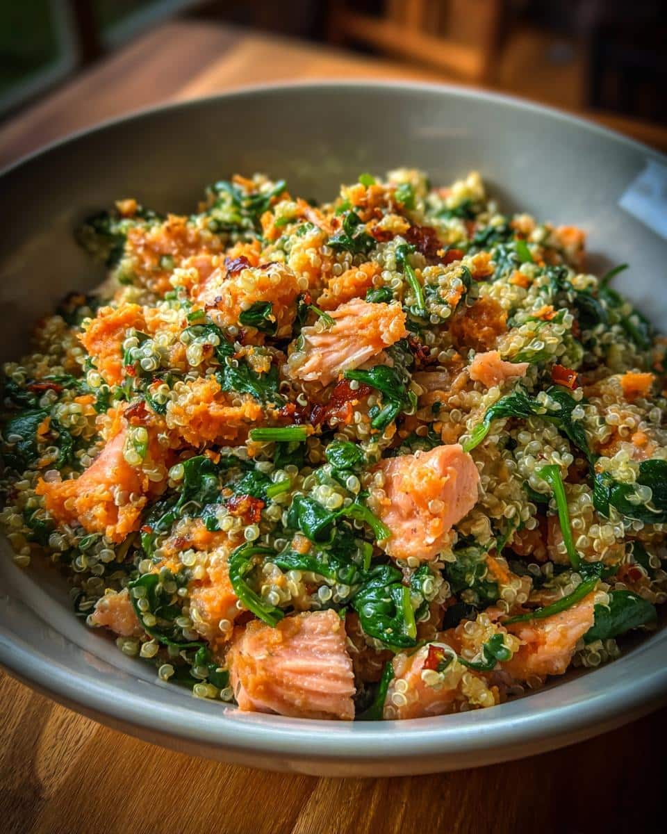A vibrant Spinach & Salmon Power Dog Bowl with quinoa, spinach, and salmon chunks.