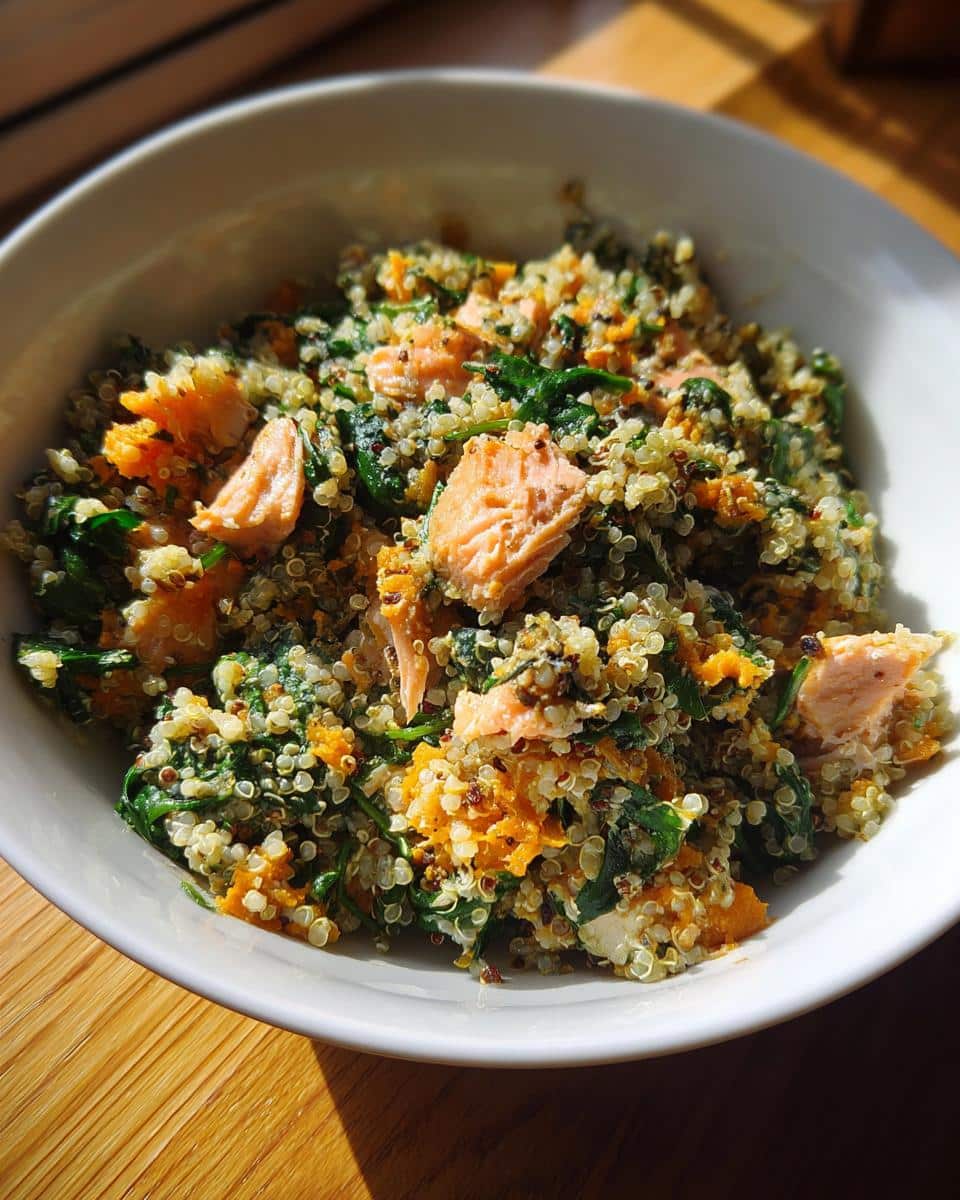 A delicious Spinach & Salmon Power Dog Bowl featuring quinoa, spinach, salmon, and sweet potato in a white bowl.