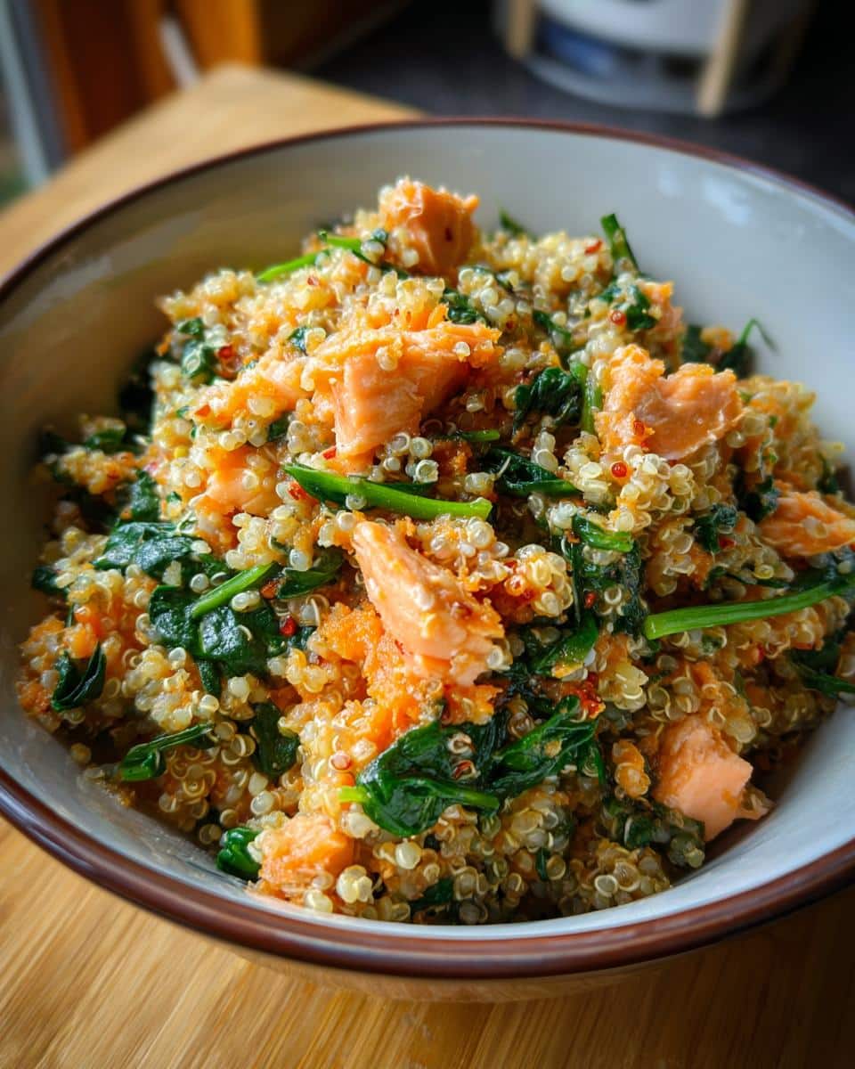 A delicious Spinach & Salmon Power Dog Bowl featuring quinoa, spinach, and salmon.