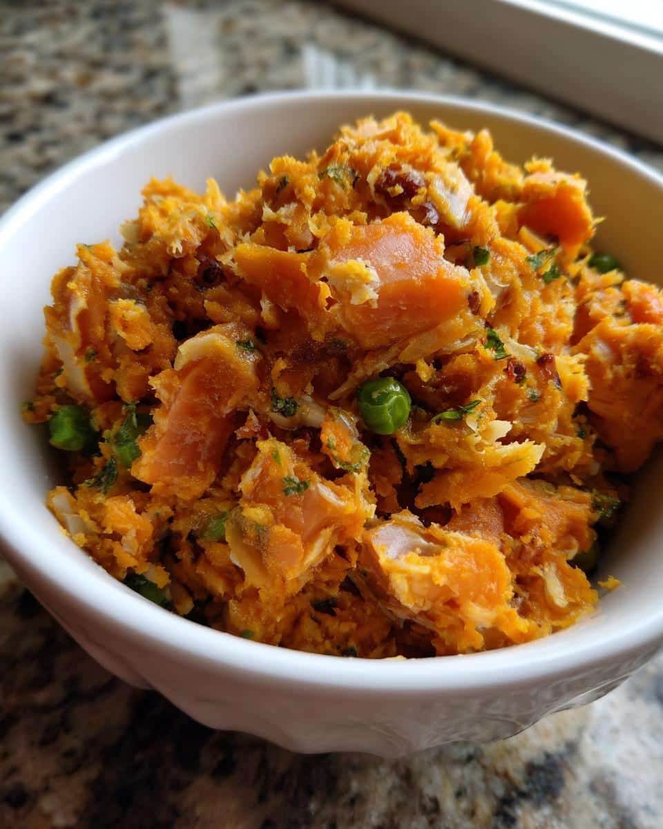 A bowl of Sweet Potato & Fish Dog Food for Joint Support, featuring visible sweet potato, fish, and peas.