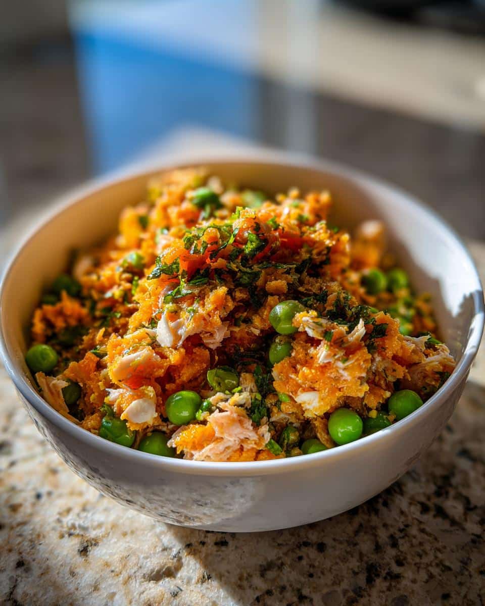 A bowl of Sweet Potato & Fish Dog Food featuring sweet potato, fish, peas, and herbs for joint support.