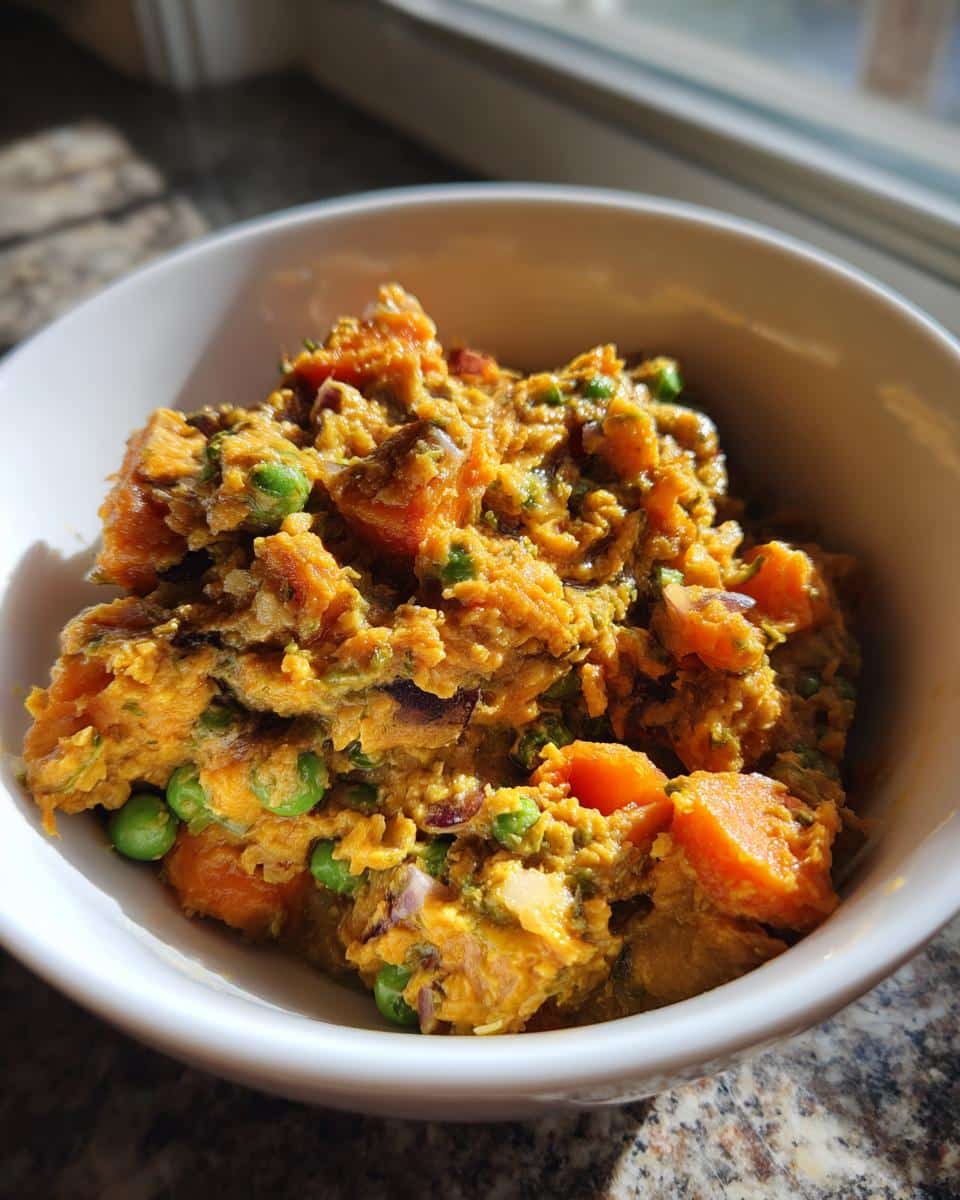 Bowl of Sweet Potato & Fish Dog Food with peas and other vegetables, formulated for joint support.