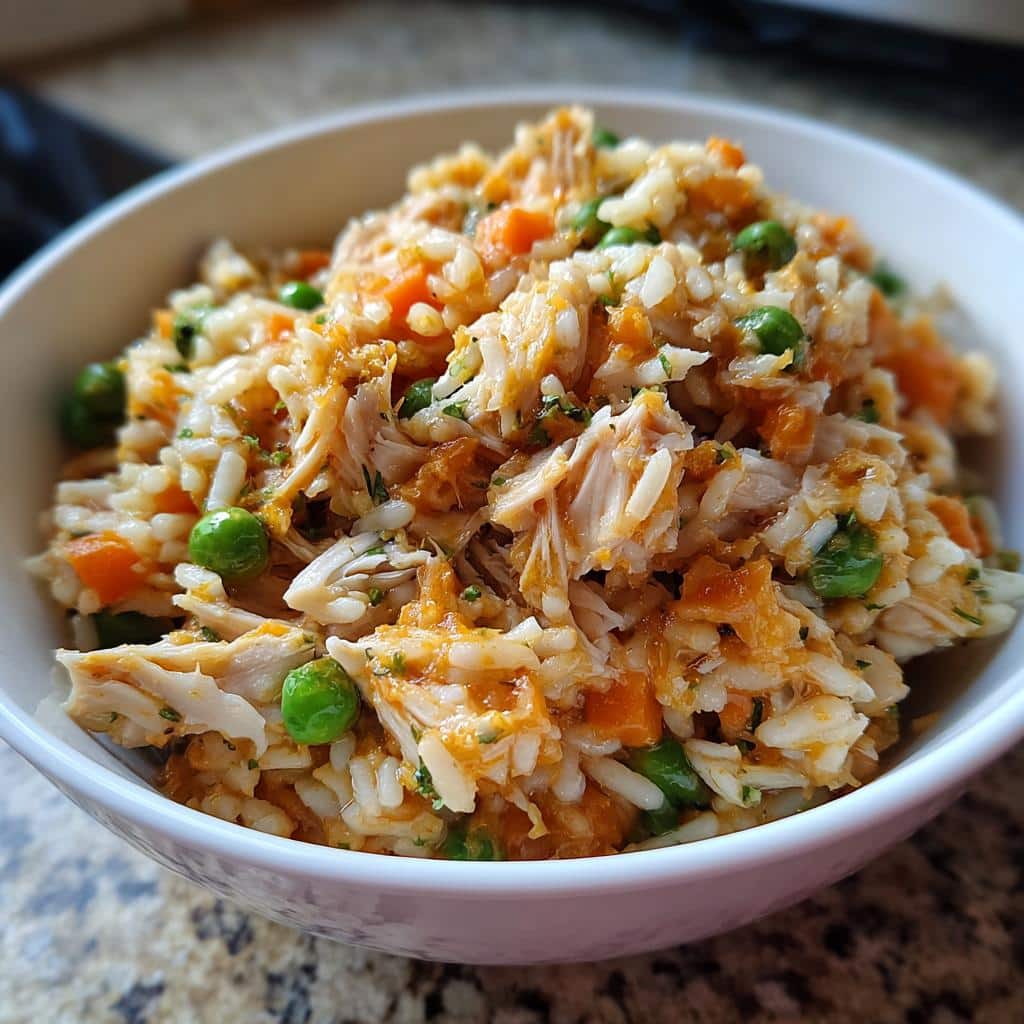 A bowl of Sweet Potato & Fish Dog Food, featuring rice, peas, carrots, and shredded fish.