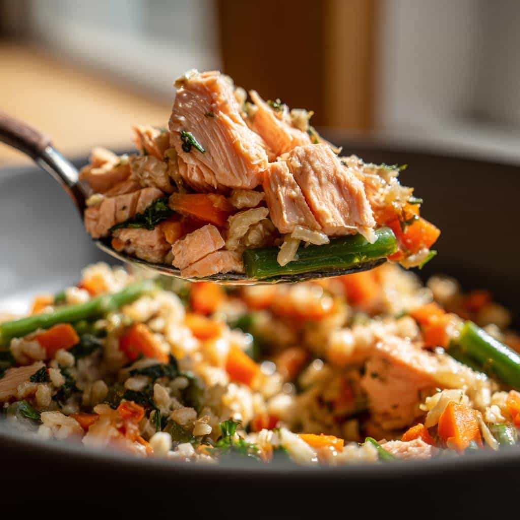 A spoonful of Sweet Potato & Salmon Digestive Dog Food, showcasing salmon, sweet potato, rice, and green beans.