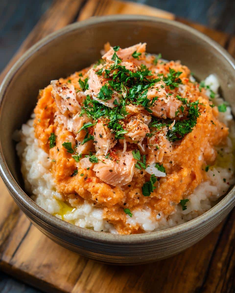 Bowl of Sweet Potato & Salmon Digestive Dog Food, topped with fresh herbs and spices.