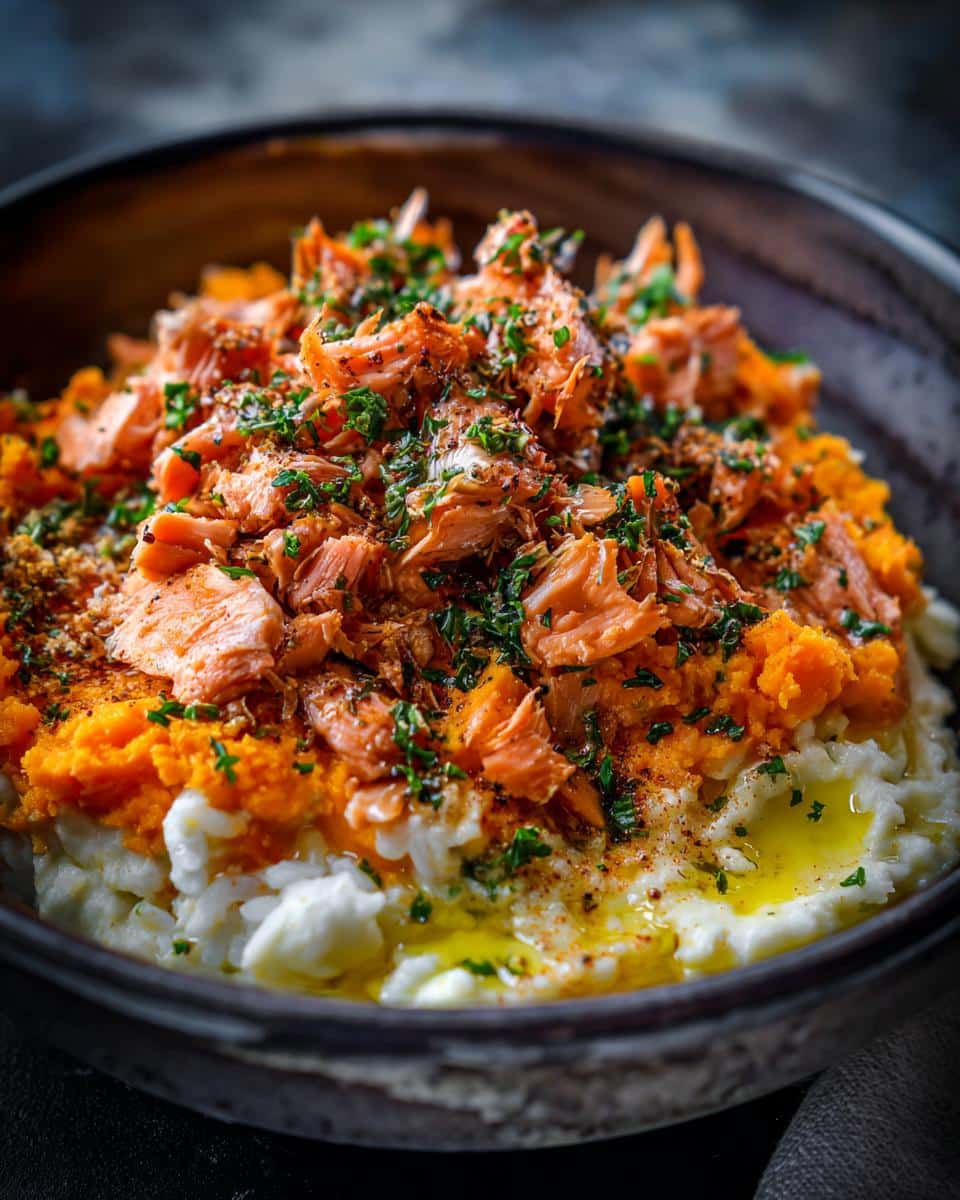 A bowl of Sweet Potato & Salmon Digestive Dog Food, featuring layers of mashed sweet potato and salmon.