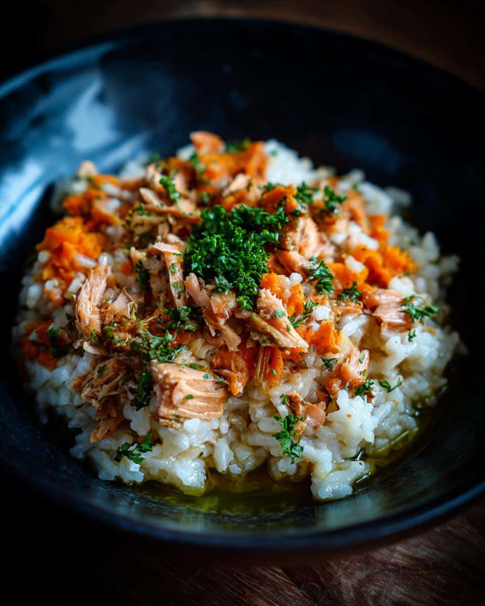 A bowl of Sweet Potato & Salmon Digestive Dog Food, featuring rice, salmon, sweet potato, and parsley.