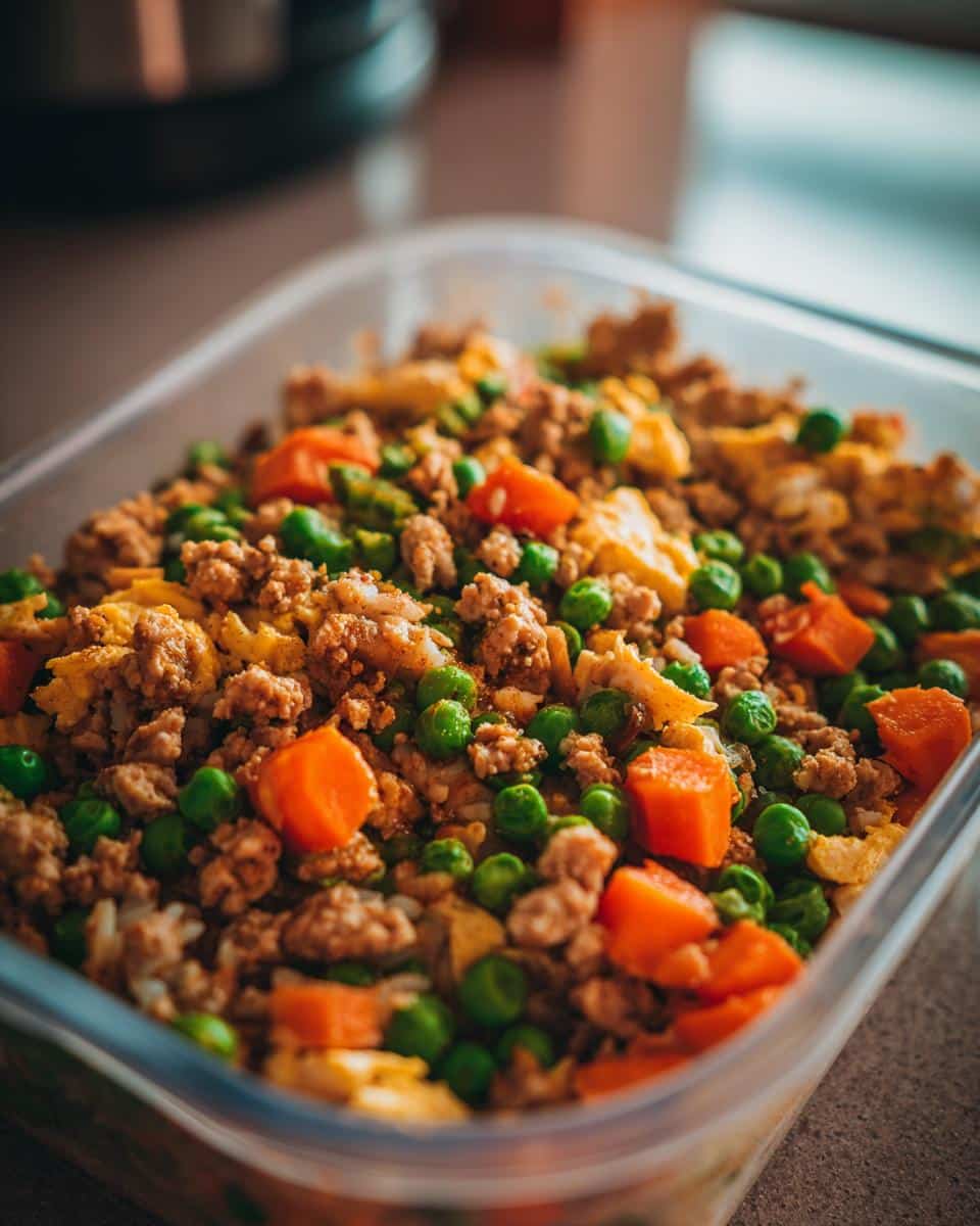 A container filled with Quick Turkey & Egg Dog Meal Prep, including ground turkey, eggs, peas, and carrots.