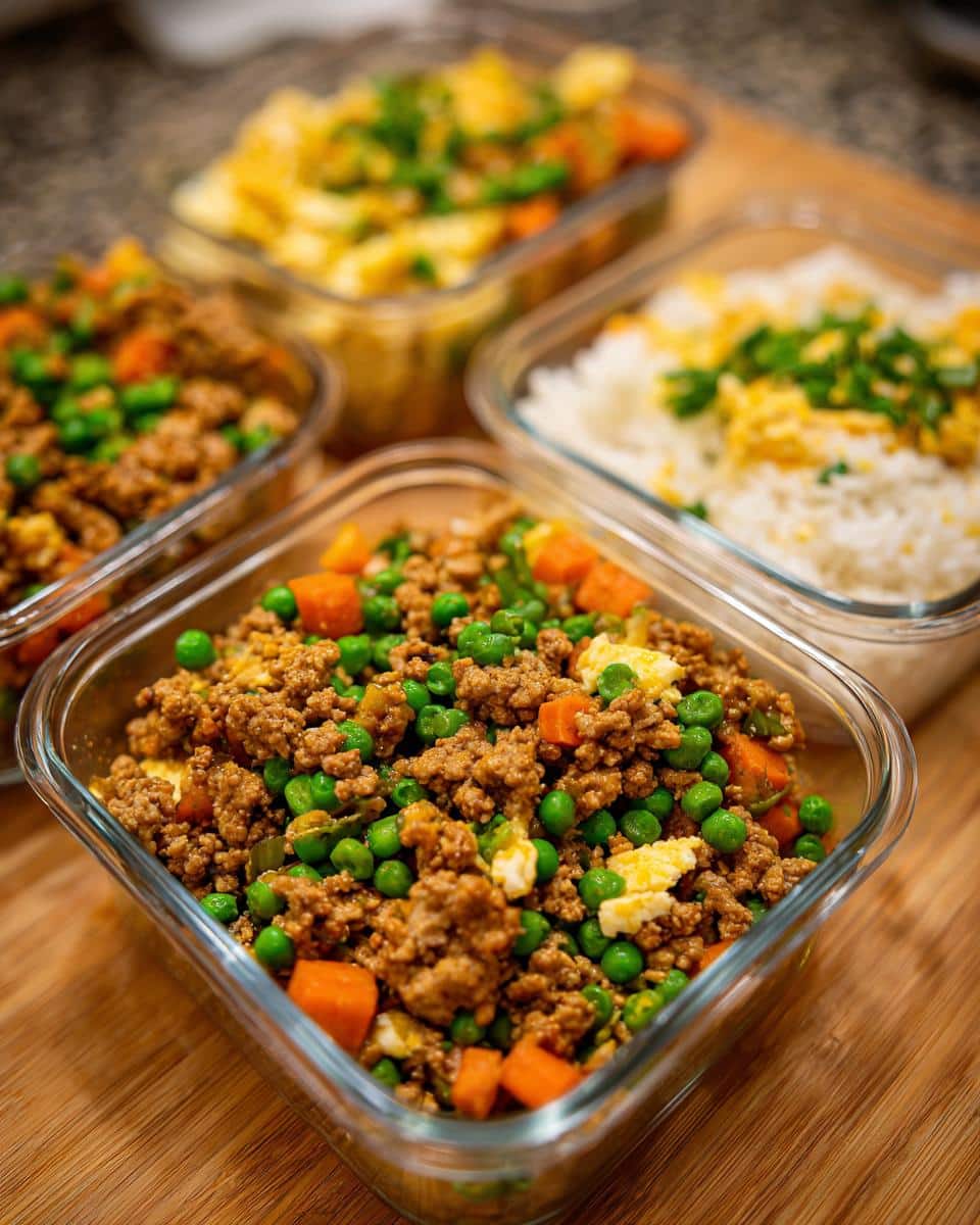 Prepared containers of Quick Turkey & Egg Dog Meal Prep with turkey, eggs, carrots, and peas.