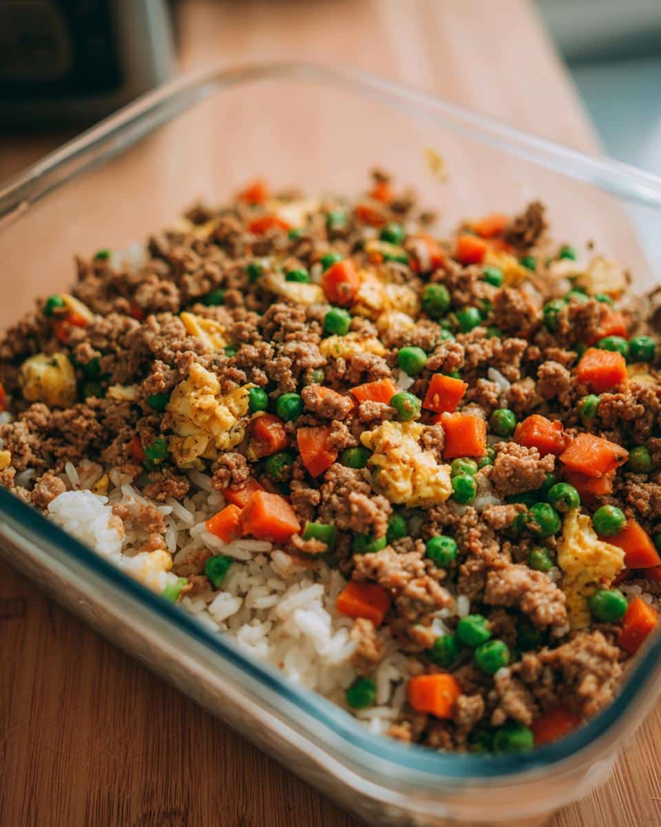 Close-up of Quick Turkey & Egg Dog Meal Prep in a glass dish, featuring turkey, eggs, rice, carrots, and peas.