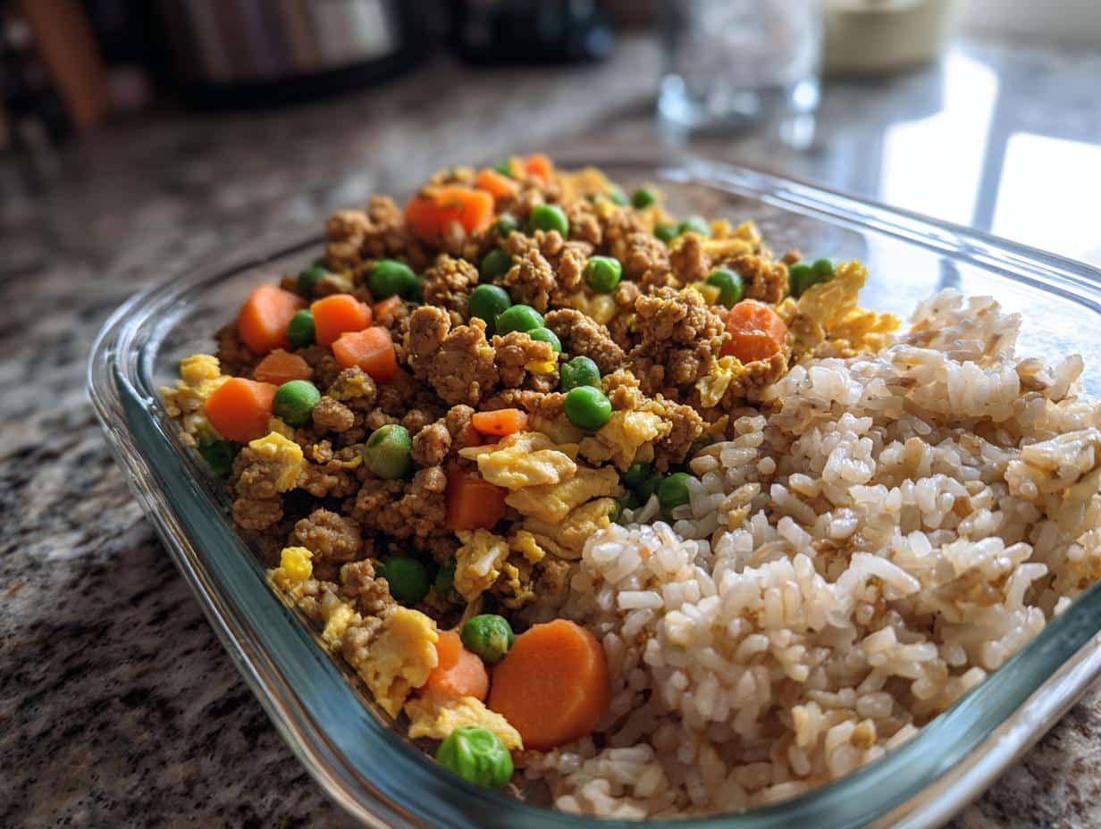 A container of Quick Turkey & Egg Dog Meal Prep with turkey, eggs, rice, carrots, and peas.