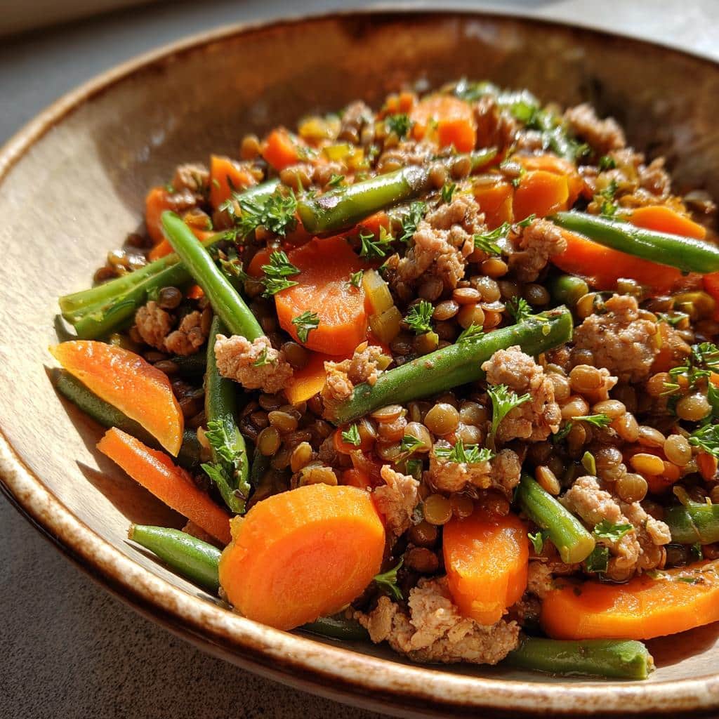 A bowl of nutritious Turkey & Lentil Balanced Dog Meal with carrots and green beans, garnished with parsley.